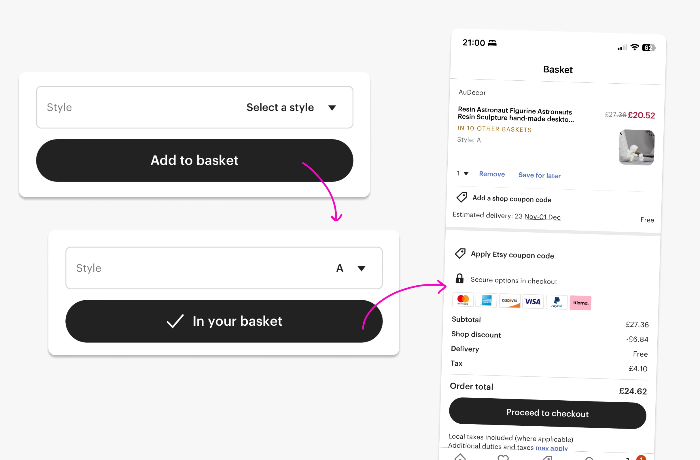 Bitesized UX example: Etsy's dynamic basket CTA