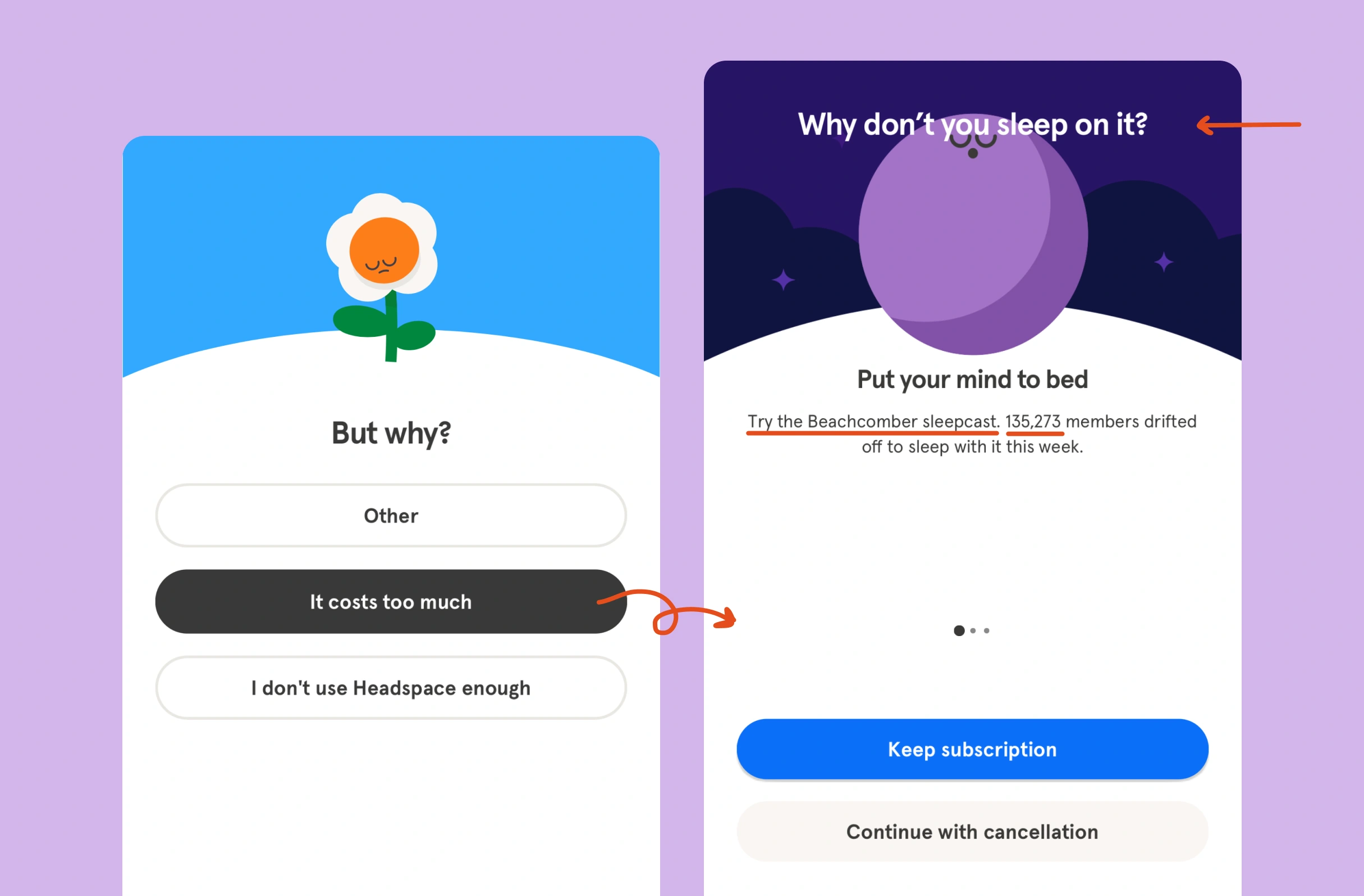 Headspace UI shows a user selecting "It costs too much" with an arrow to "Why don’t you sleep on it?" promo for Beachcomber sleepcast, with blue "Keep subscription" button.