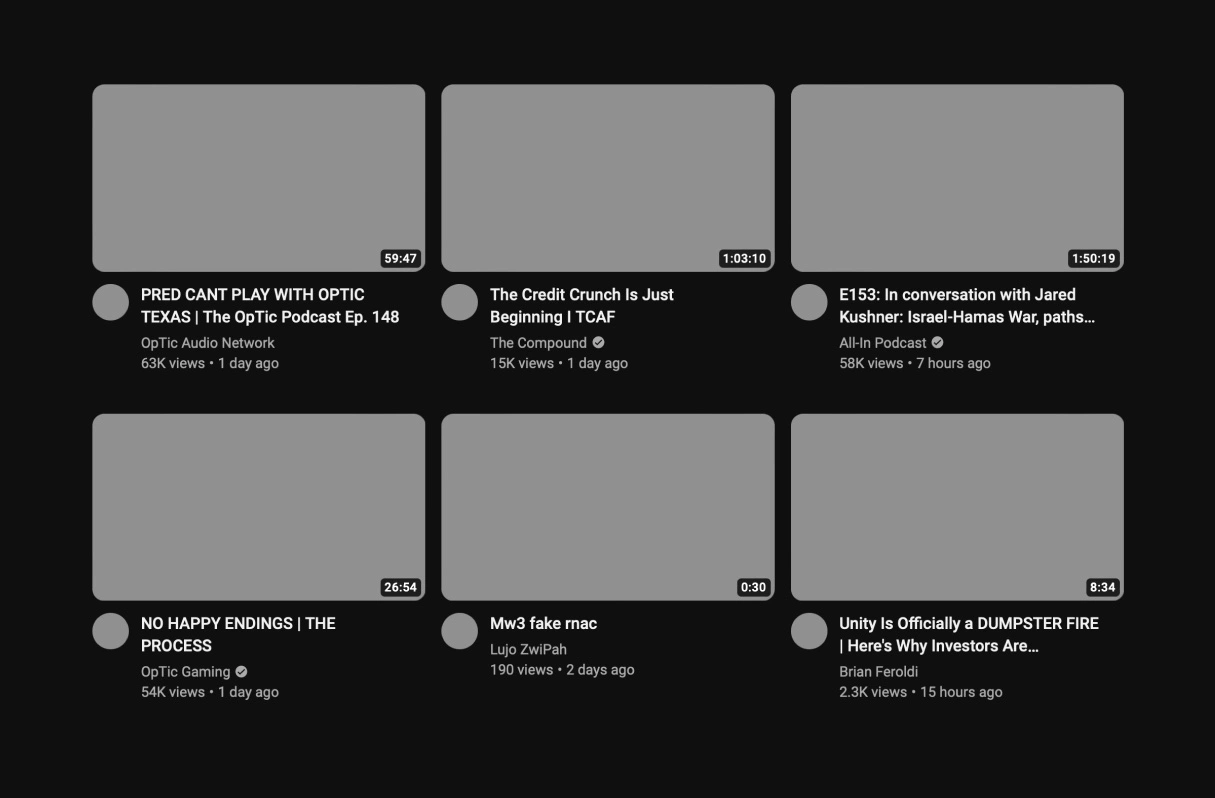 YouTube dark mode UI showing six video thumbnails with titles, channels, views, and durations. No highlights, pen marks, or blue-bordered text visible.