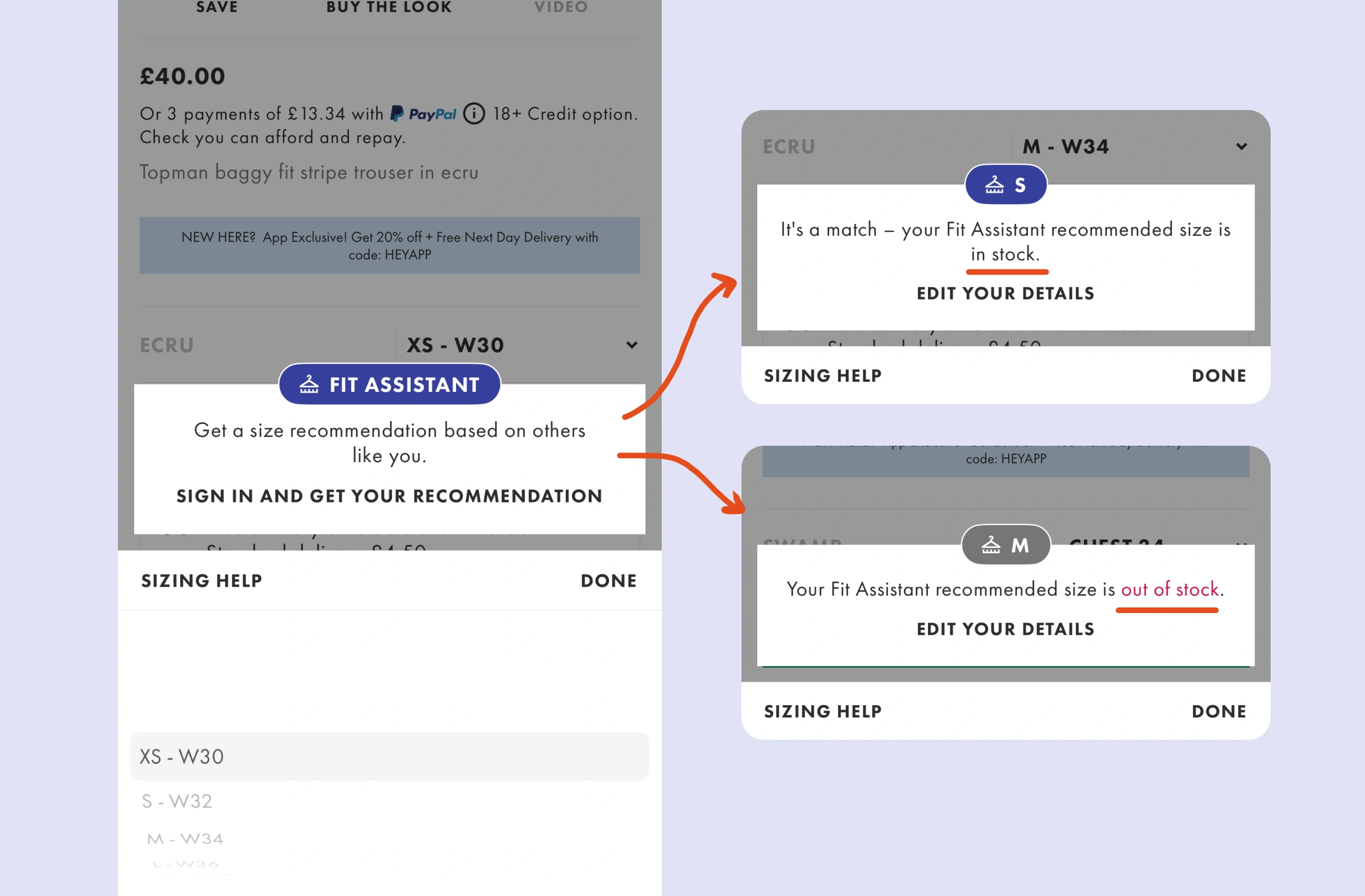 Bitesized UX example: Your size is in stock