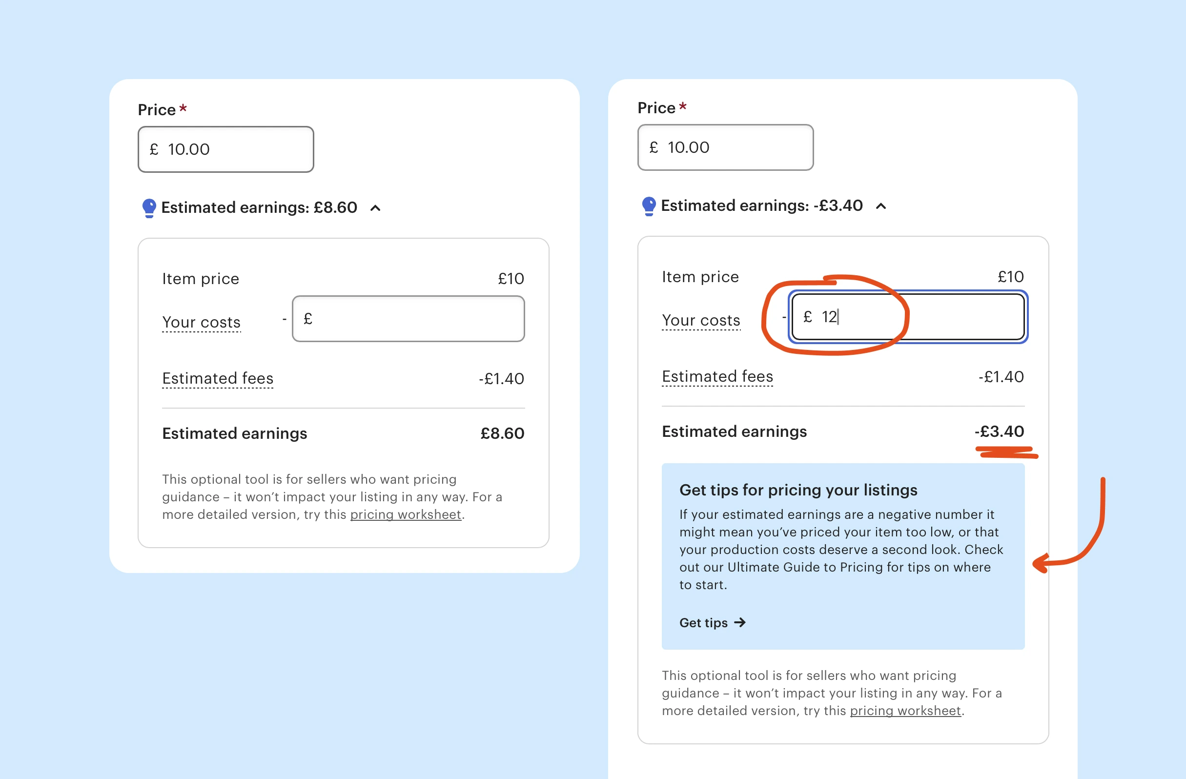 Bitesized UX example: Etsy's earnings calculator