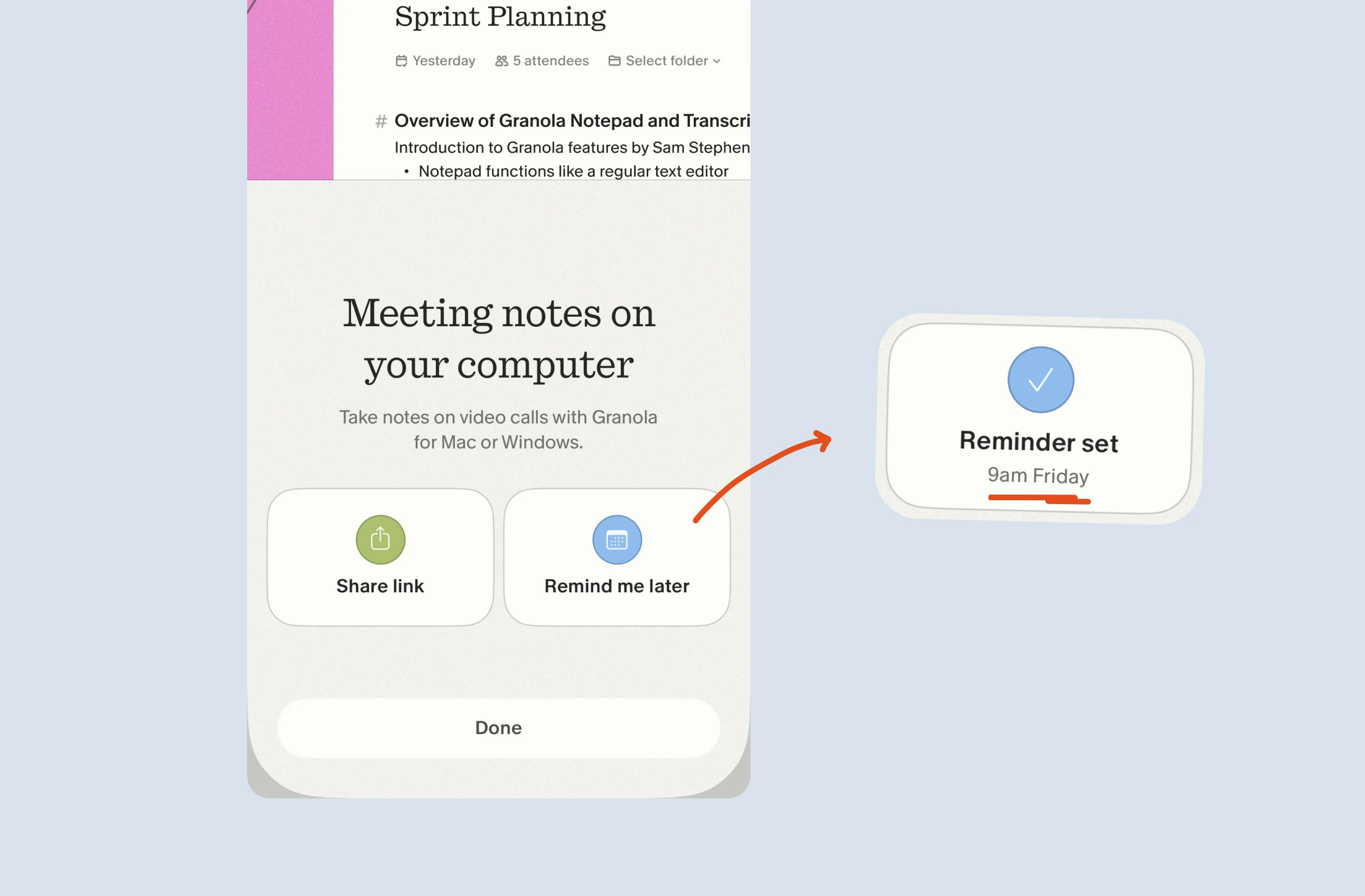 Granola app: note 'Meeting notes'. Green 'Share link', blue 'Remind me later'. Orange arrow to white card with blue check: 'Reminder set' and '9am Friday' (red line).