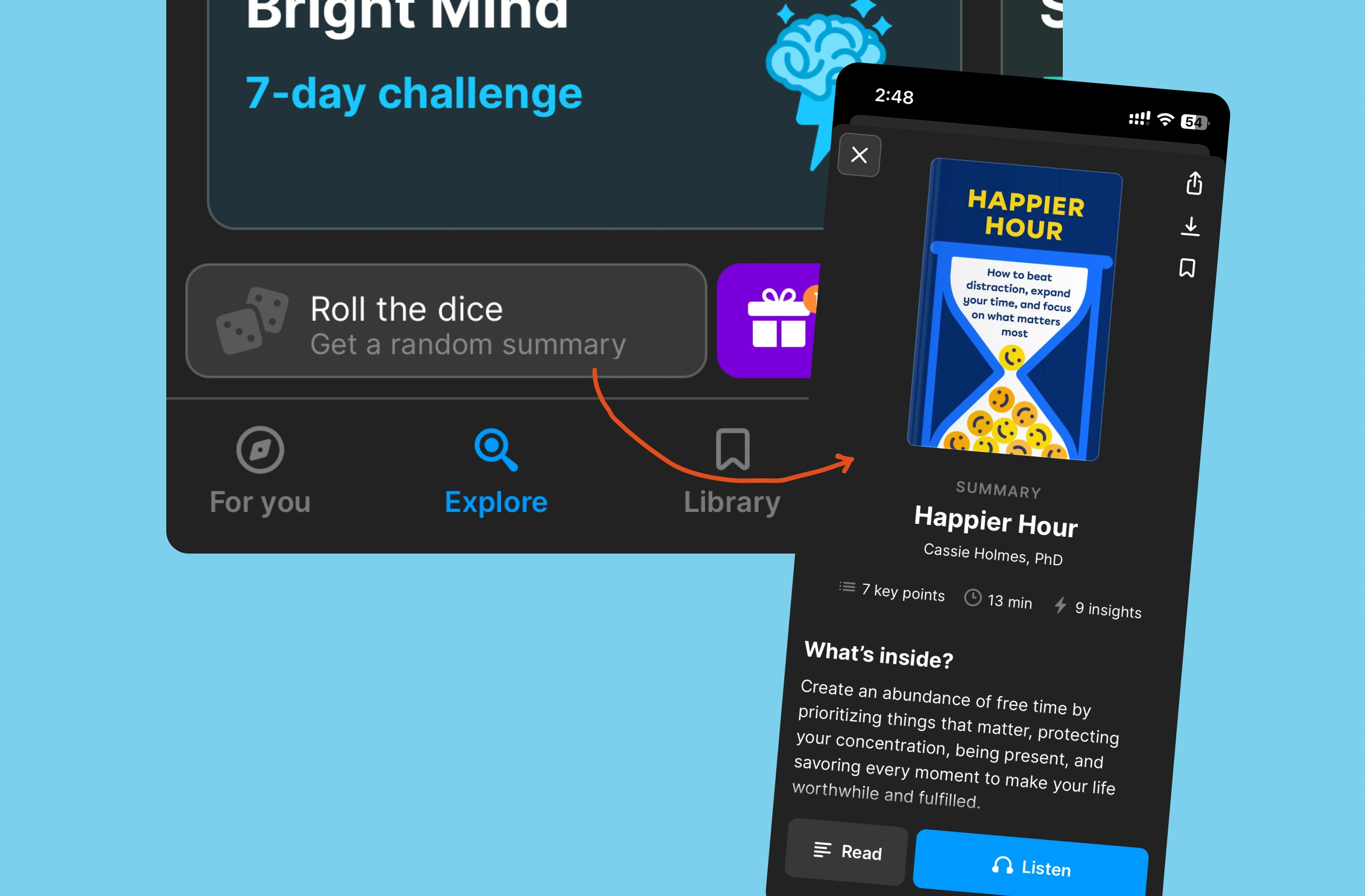 App UI shows navigation with "For you," "Explore" (highlighted blue), and "Library" tabs. "Roll the dice" button offers random summary. Book summary "Happier Hour" by Cassie Holmes, 7 key points, 13 min read listed.