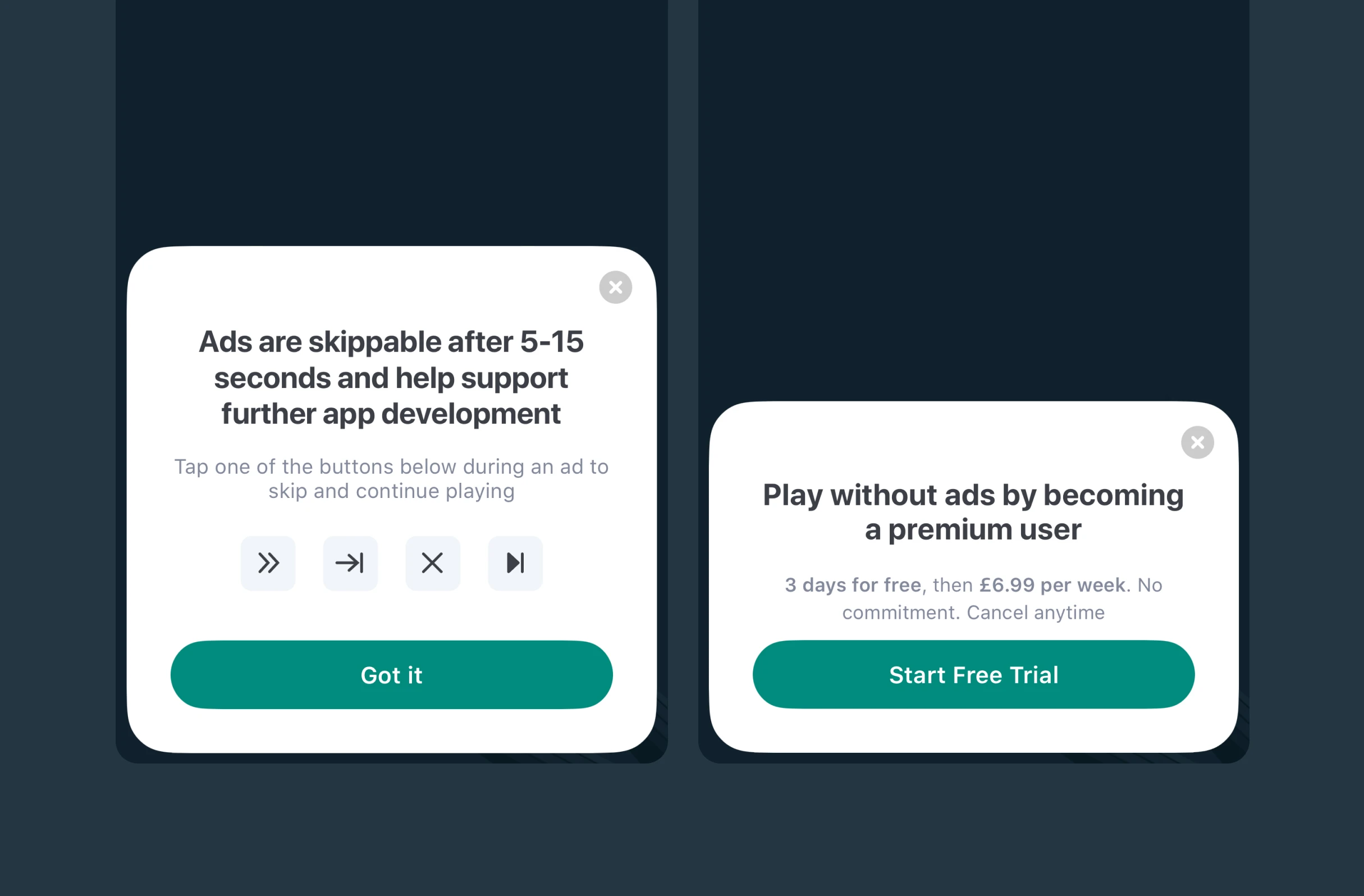 Two white rounded modals on dark teal. Left: "Ads are skippable after 5–15 seconds" with four pale icon squares (chevrons/skip/X/play) and green "Got it" pill. Right: "Play without ads..." + "3 days free, then £6.99/week" and green "Start Free Trial" pill. Grey circular close X on each.