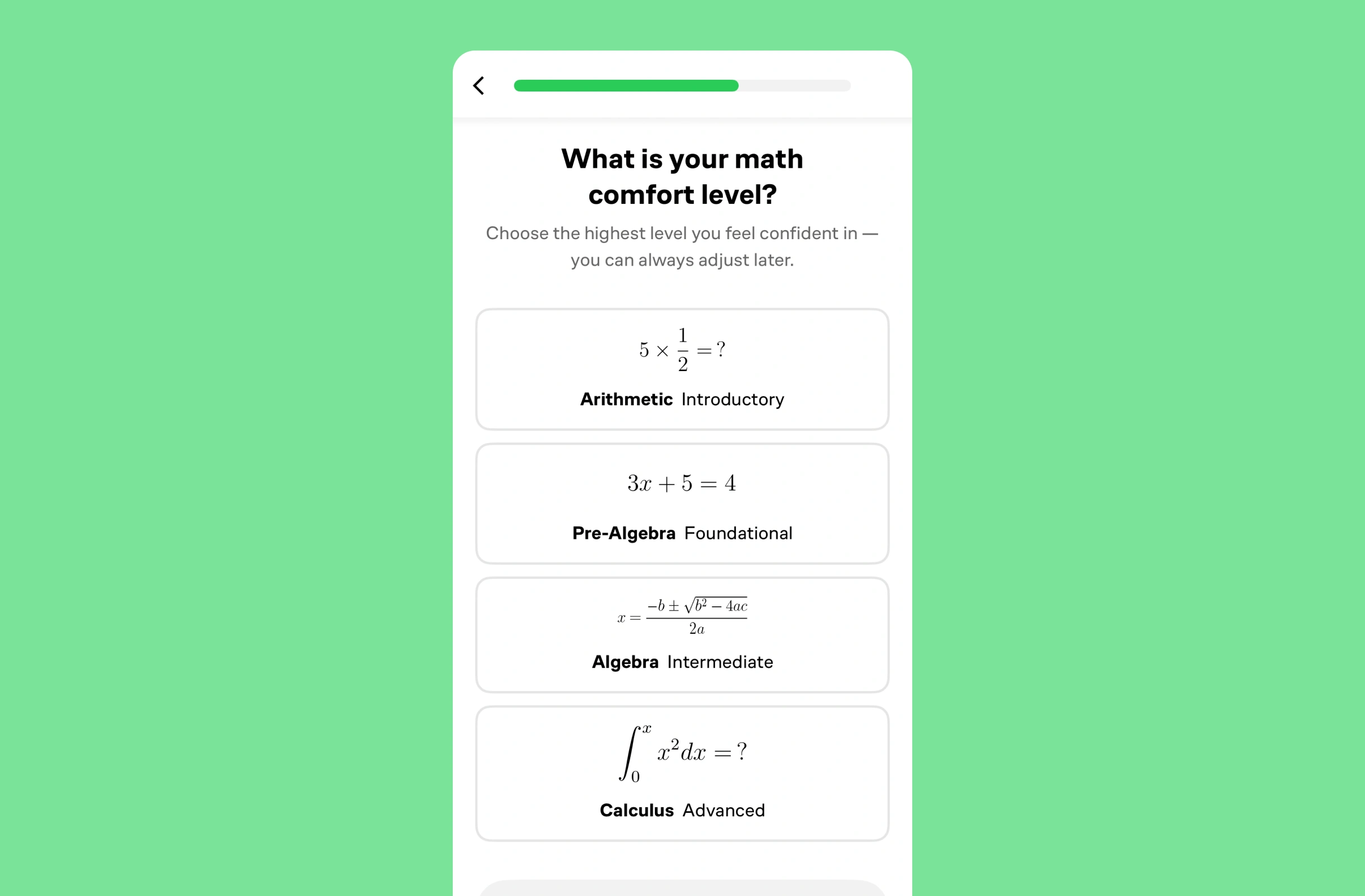 Math comfort level UI with progress bar, back arrow, question prompt, and four selectable boxes: Arithmetic Introductory, Pre-Algebra Foundational, Algebra Intermediate, Calculus Advanced.