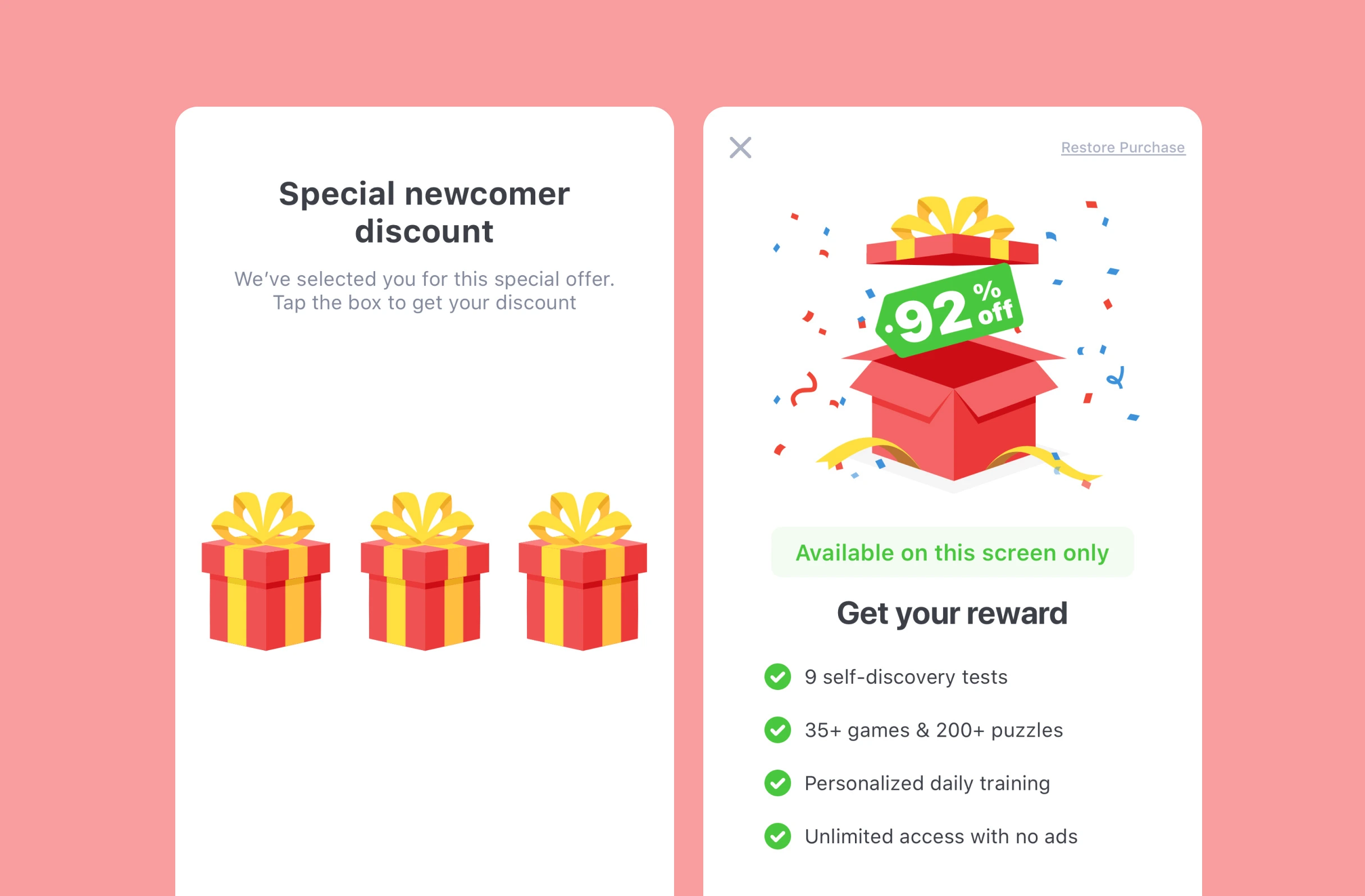 Pink background with dual white panels: left shows "Special newcomer discount" and three red-yellow gift boxes; right displays a red gift box with "92% off" tag, confetti, and a reward list with green checkmarks.