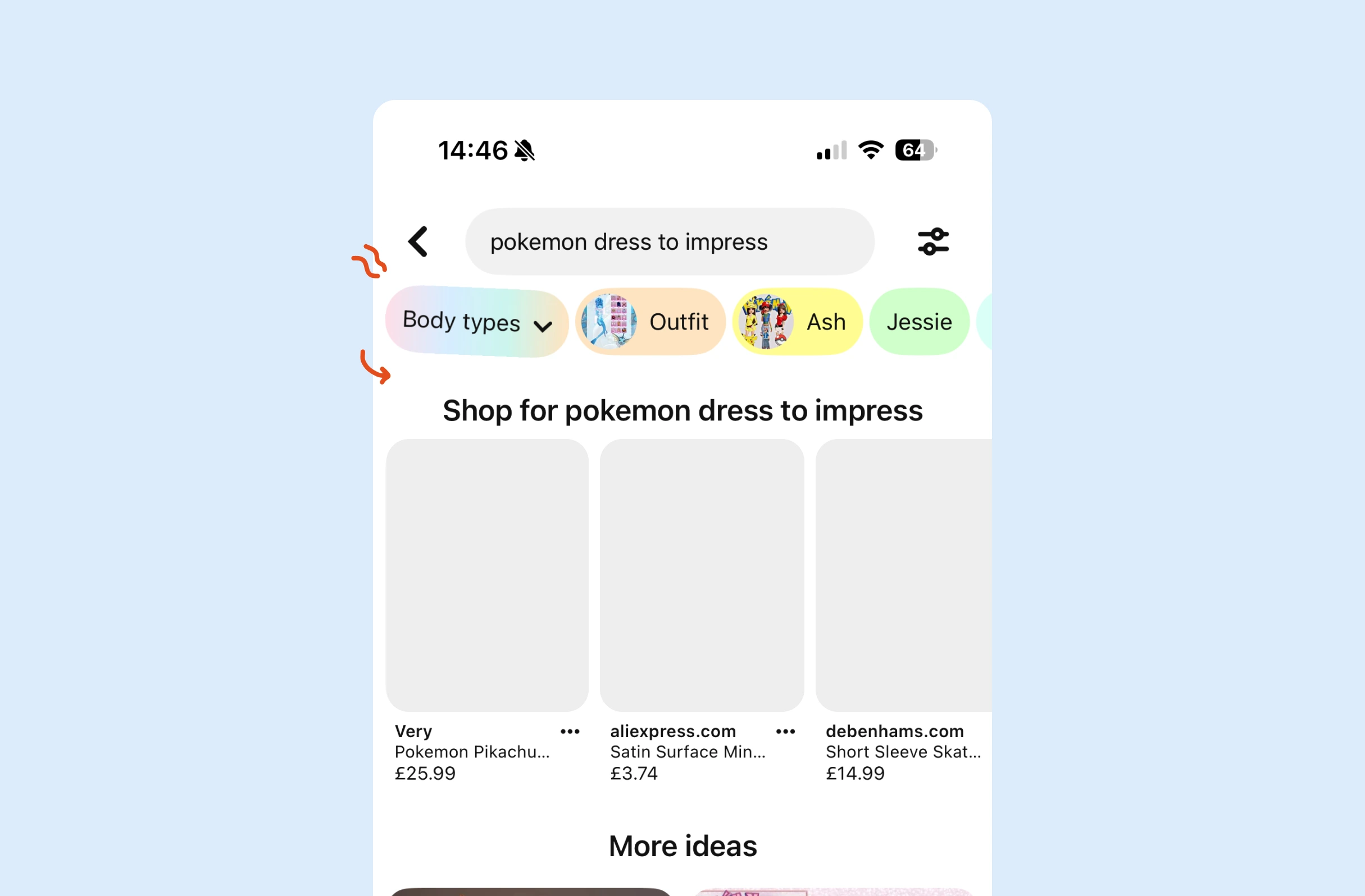 Search UI with query "pokemon dress to impress," filter tags for Body types, Outfit, Ash, Jessie; product cards from Very (£25.99), Aliexpress (£3.74), Debenhams (£14.99).
