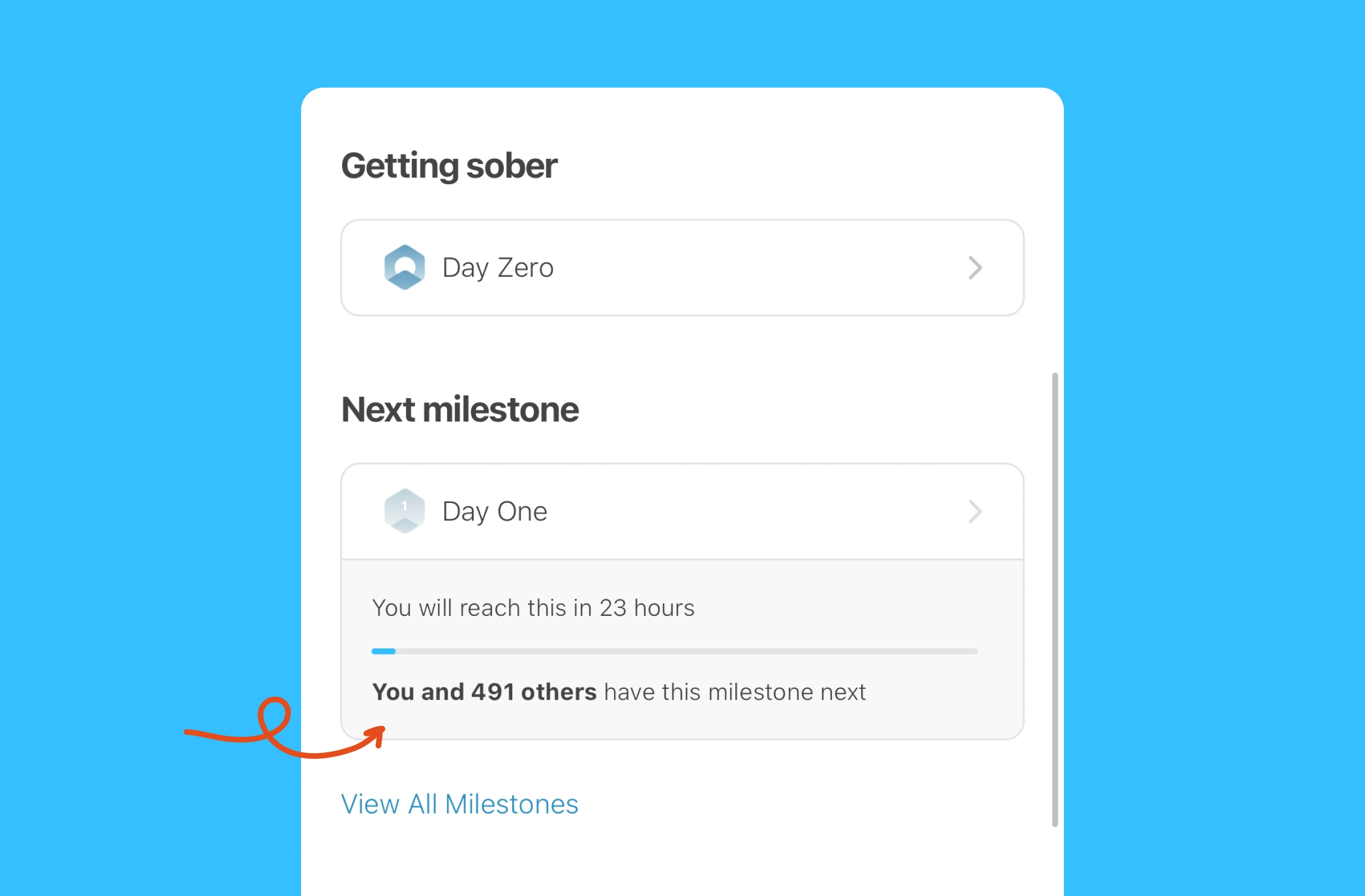 The app UI features "Getting sober" with Day Zero, "Next milestone" Day One due in 23 hours, plus "You and 491 others have this milestone next," highlighted by an arrow.