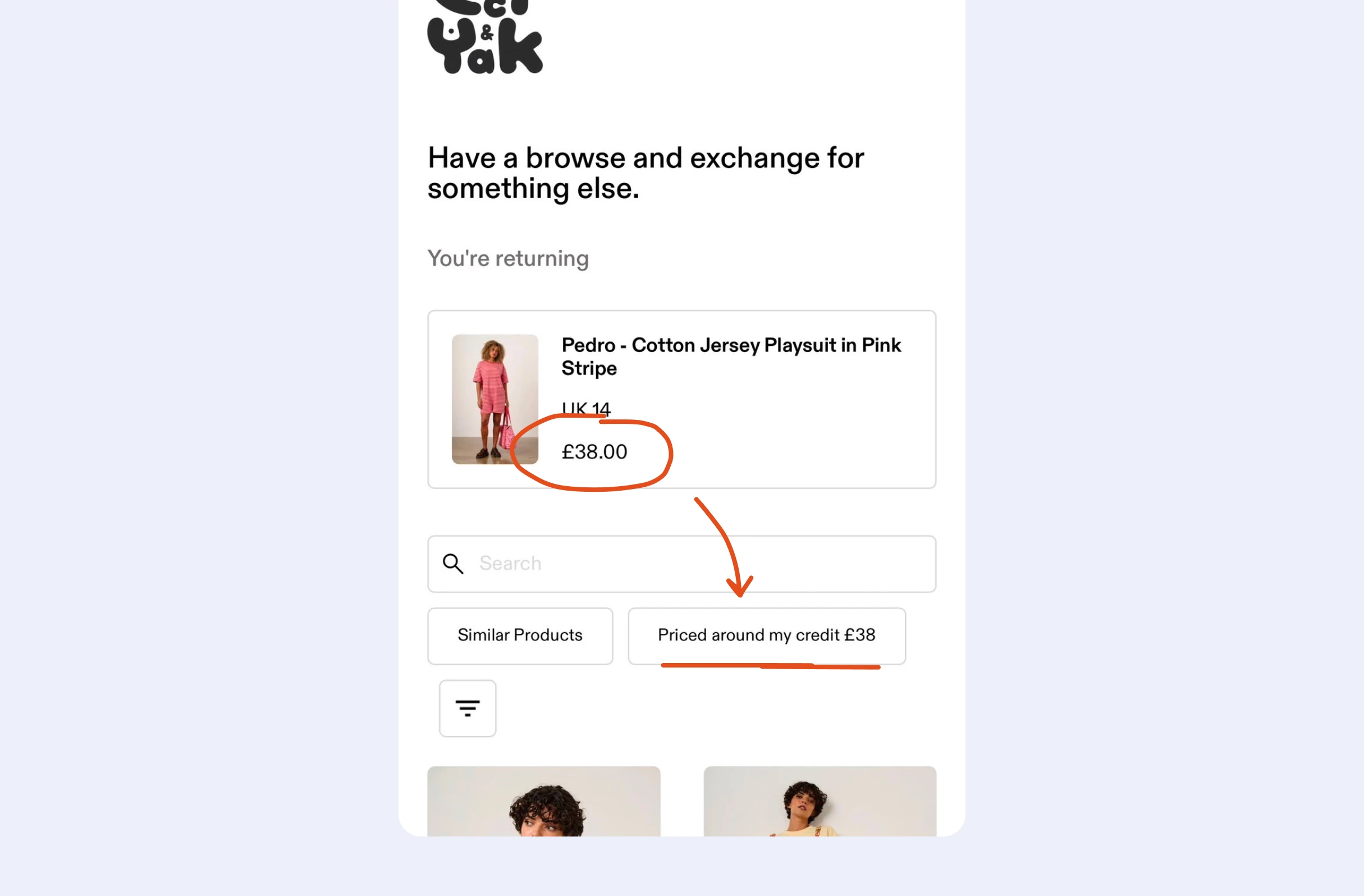 Mobile UI: white panel, black playful logo; headline "Have a browse and exchange for something else." Product card: Pedro Cotton Jersey Playsuit (Pink Stripe) UK14 — £38.00 circled orange; orange arrow to button "Priced around my credit £38"; "Similar Products" button; search field; pale lilac margins.