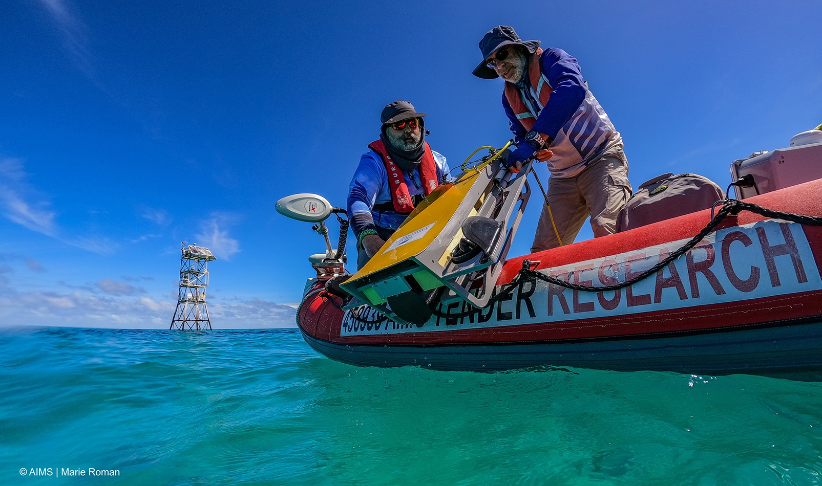 Australian Institute of Marine Science AIMS underwater imaging platform being launched from boat. Credit Marie Roman