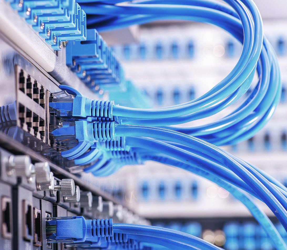 Network cables plugged into server equipment