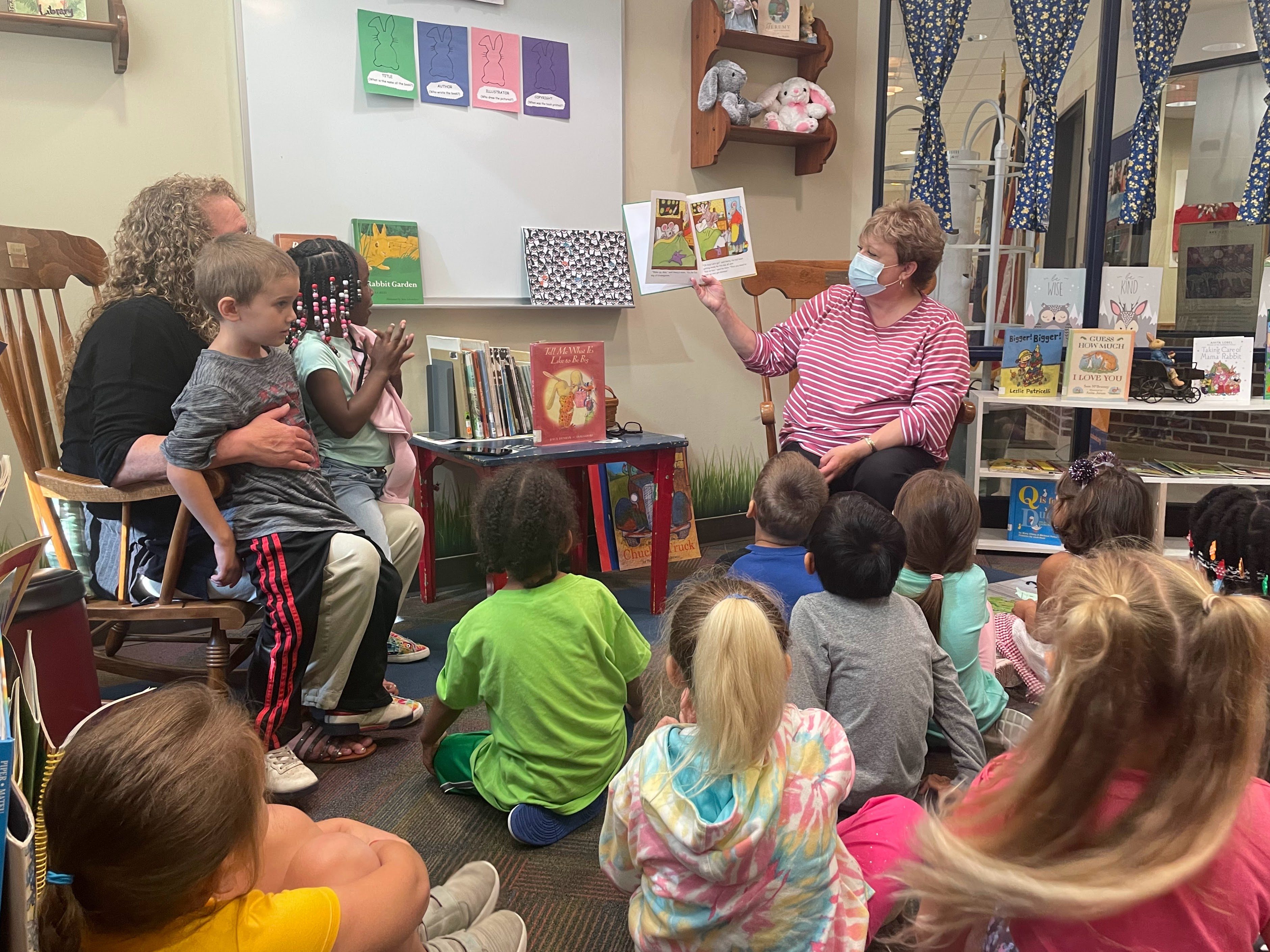 Mrs. Ford reading to Mrs. Gildea's kindergarten class in the library's bunny burrow area.