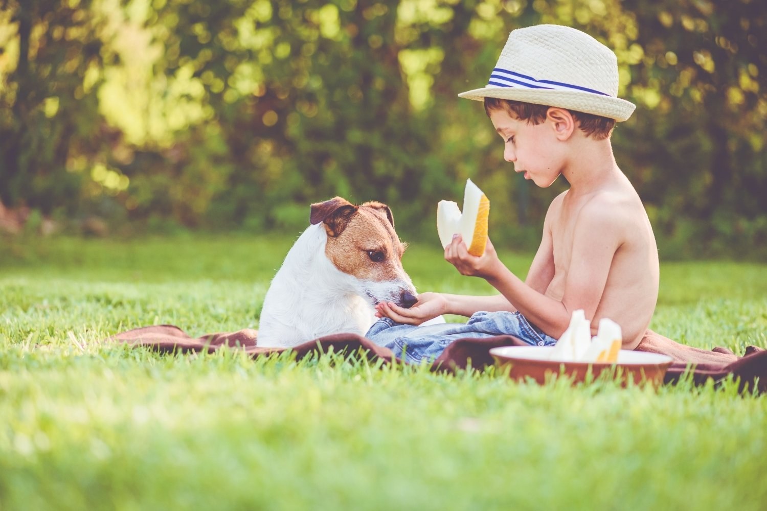 boy feeding melon to dog