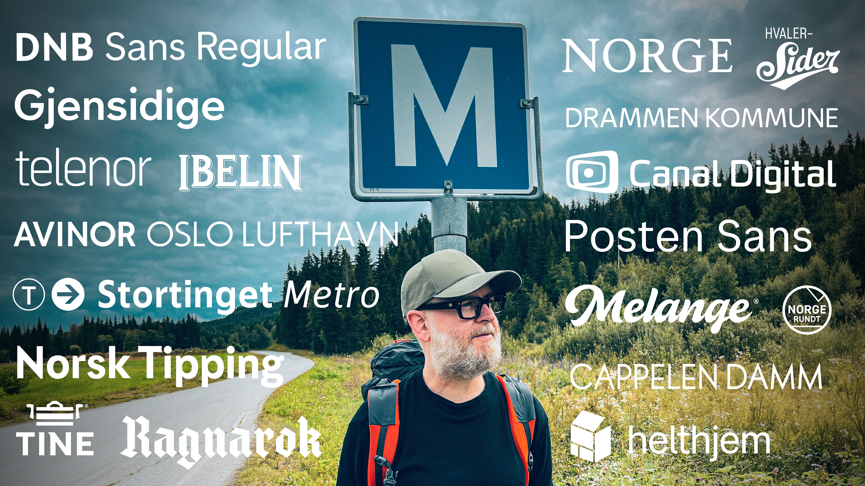 Foto av Magnus Rakeng som står ute. I luften rundt han er det trykket flere av hans ikoniske fonter.