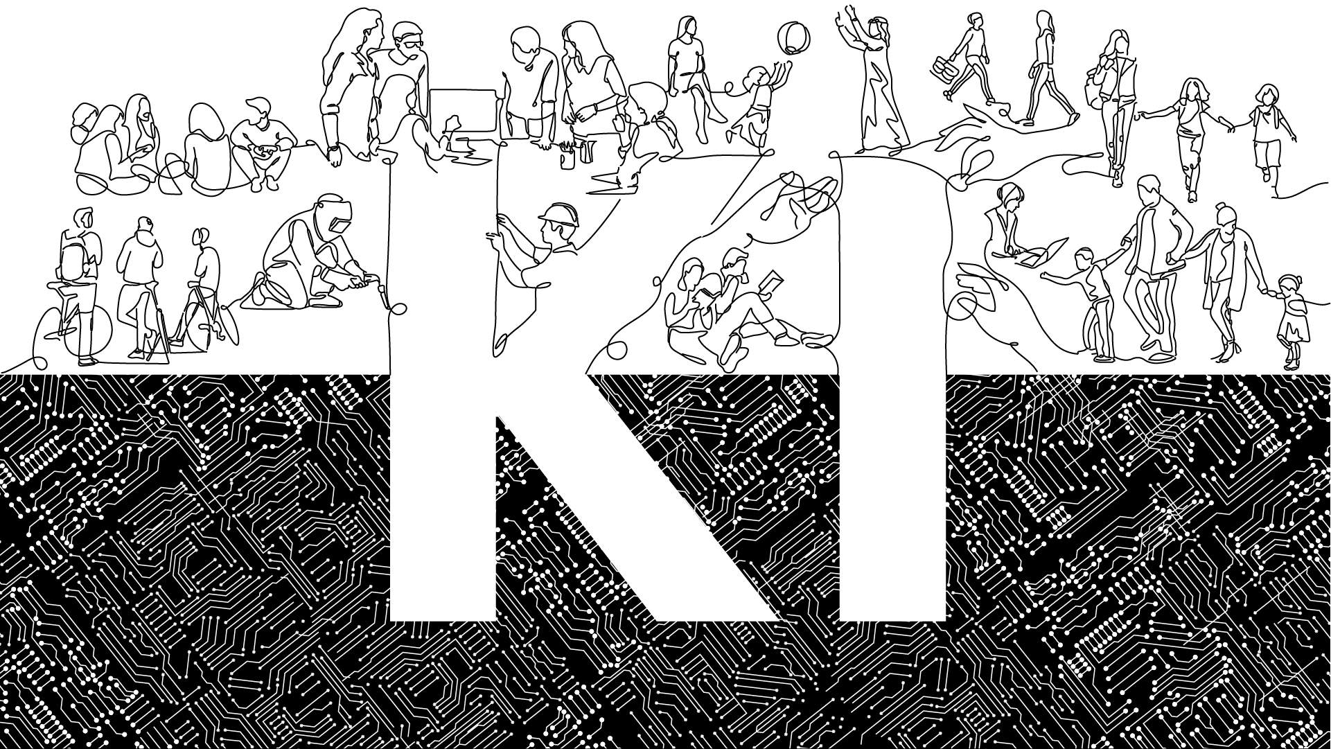 Svart-hvitt-illustrasjon av kunstig intelligens, der nederste halvdel er nesten sort og skal illustrere kretskort og øverste halvdel er hvit med strektegninger av mennesker.