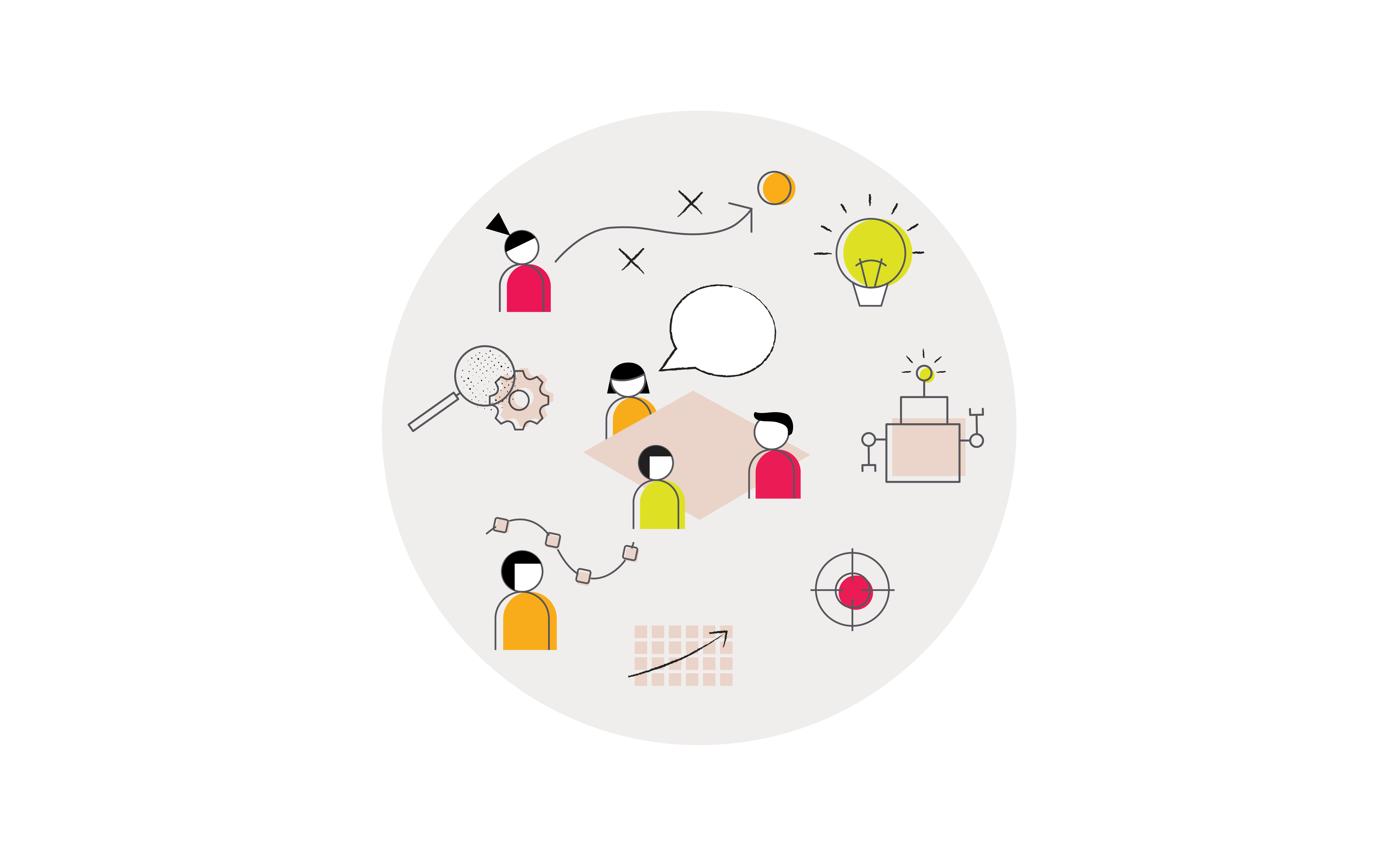 Illustrasjon av en grå sirkel som viser hvordan designere jobber: Ideer, samtale, prototyping osv.