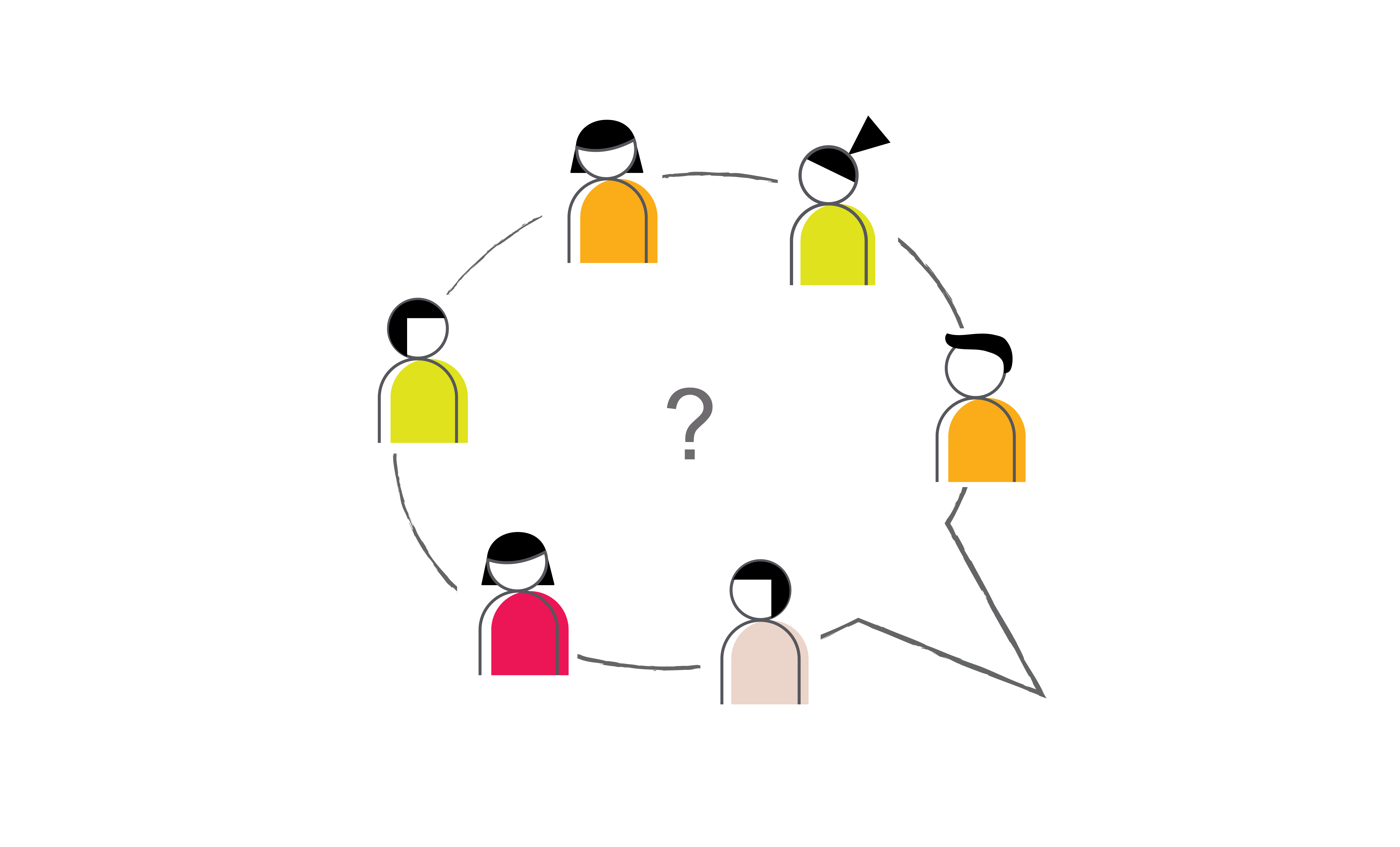 Illustrasjon av en flokk mennesker som står i ring rundt et spørsmålstegn som symboliserer brukernes meninger.