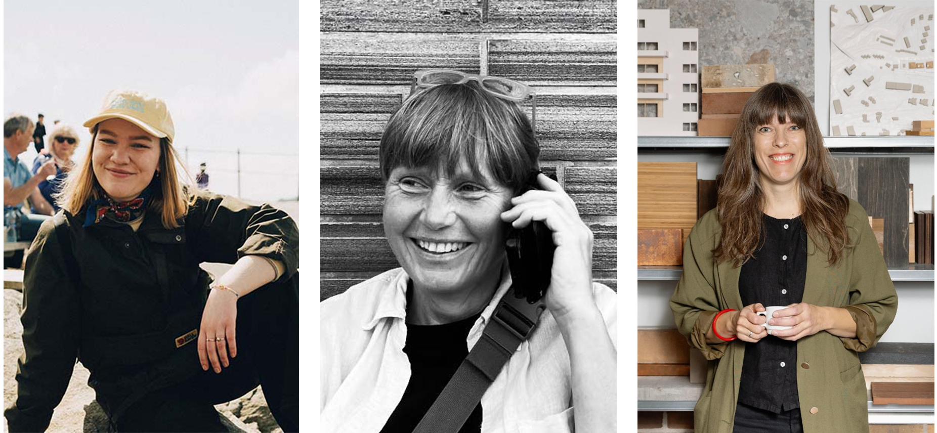 Tre foto ved siden av hverandre: En yngre kvinne med caps og skjorte som sitter avslappet på bakken. Tina, en kvinne i 50-årene som smiler mot kamera med briller på hodet. Eli, en yngre kvinne med langt hår, pannelugg, åpen skjorte med en kaffekopp i hendene.