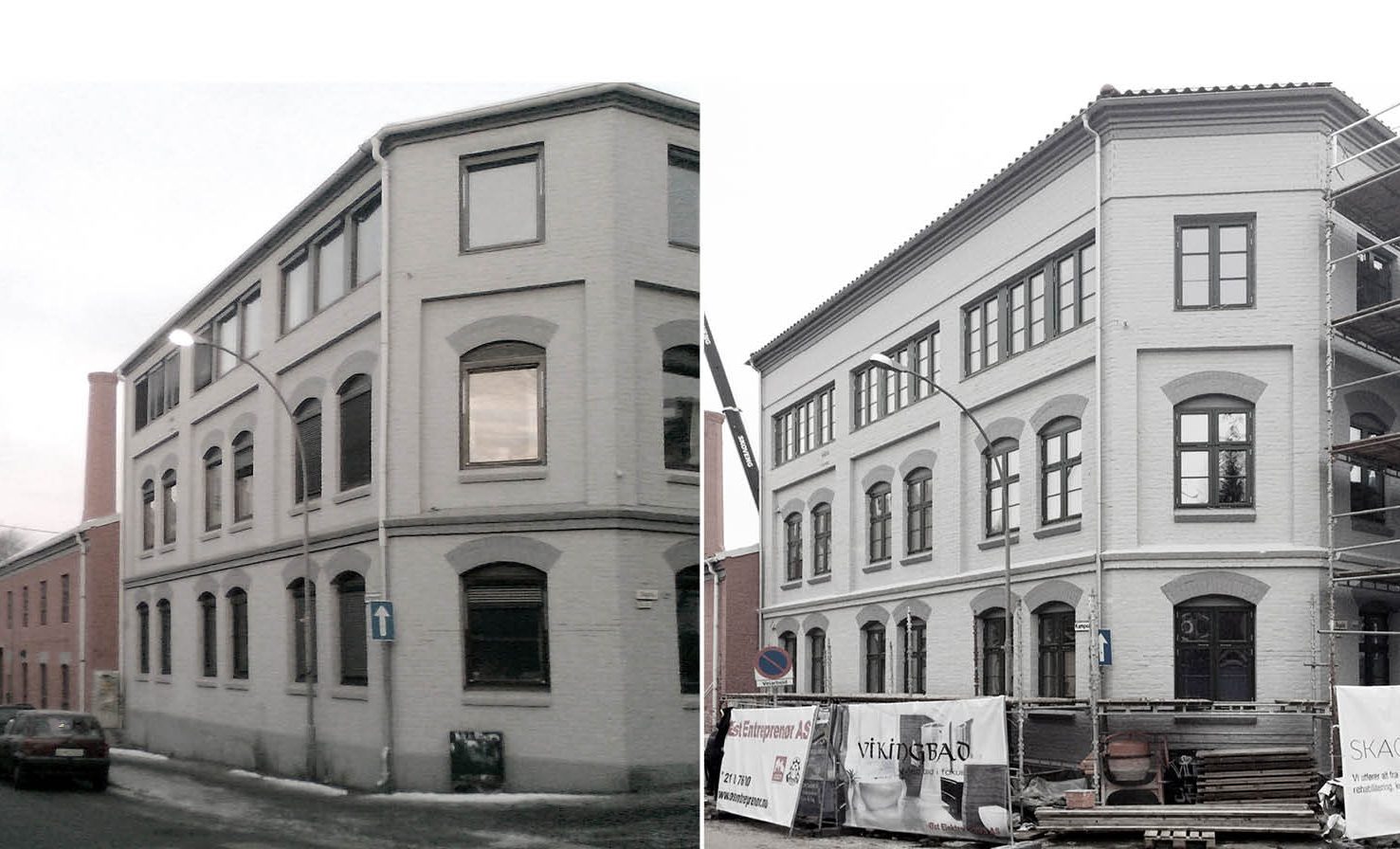 Foto av en lav murbygning før og etter oppussing og utskifting av vinduer.