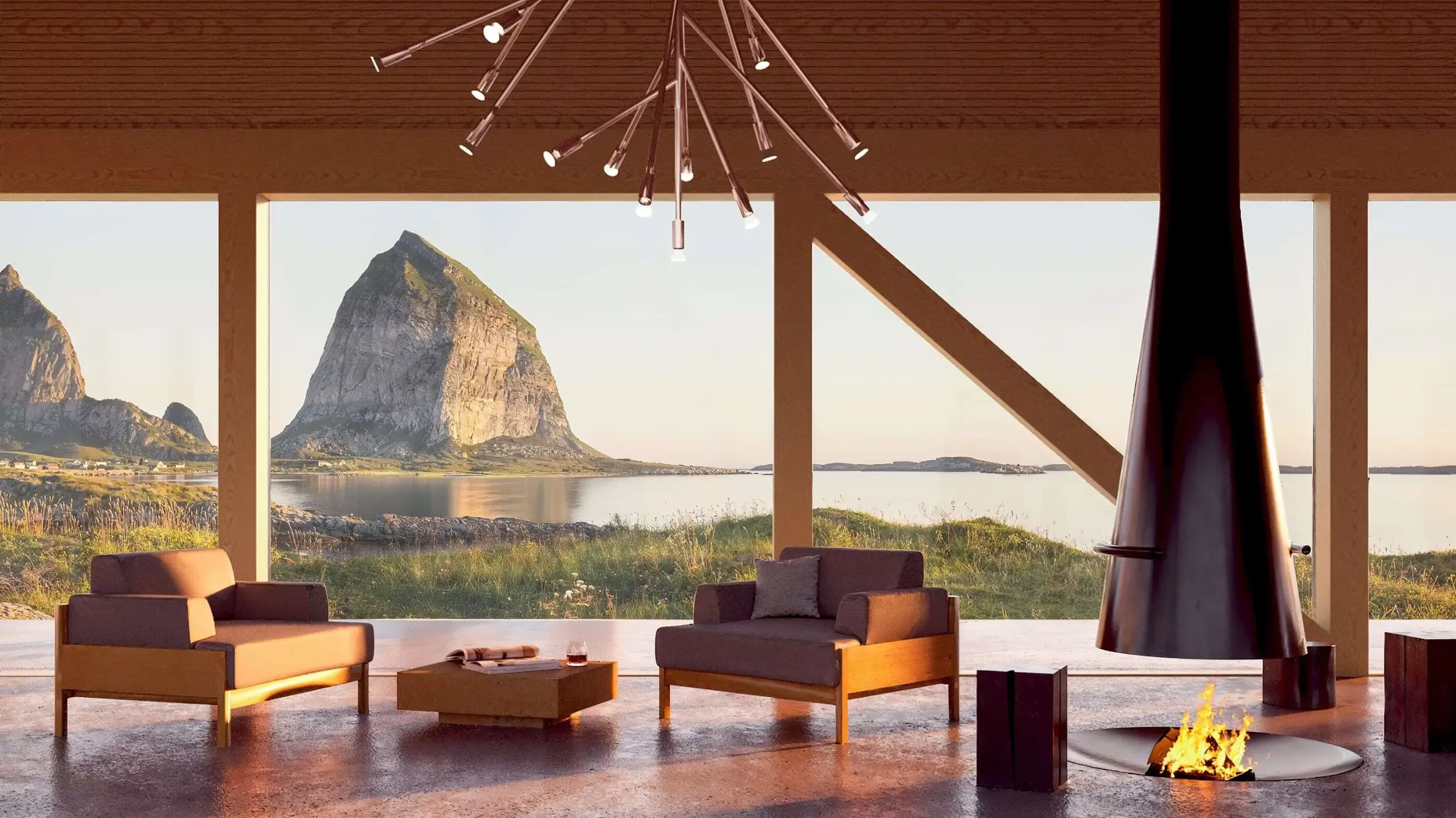Illustrasjon av moderne og lunt interiør i tre med to lenestoler. I bakgrunnen ser man vakker natur med høye fjell i bakgrunnen.