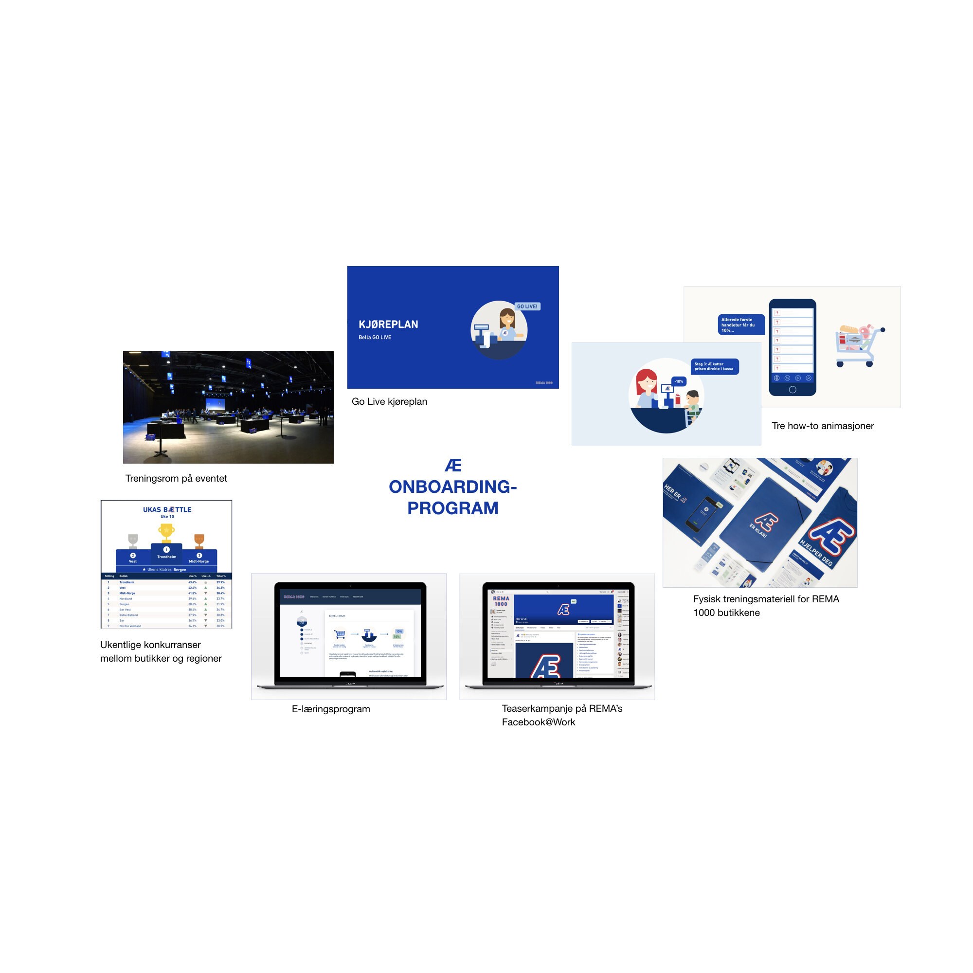 En skisse som viser ulike elementer i on-boardingprogrammet for Æ. Det er syv elementer uten oppgitt rekkefølge: Go live kjøreplan; tre how to-animasjoner; fysisk treningsmateriell for Rema 1000-butikkene; Teaser-kampanje på Remas Facebook@work; E-læringsprogram; Ukentlige konkurranser mellom butikker og regioner; Treningsrom på eventet.