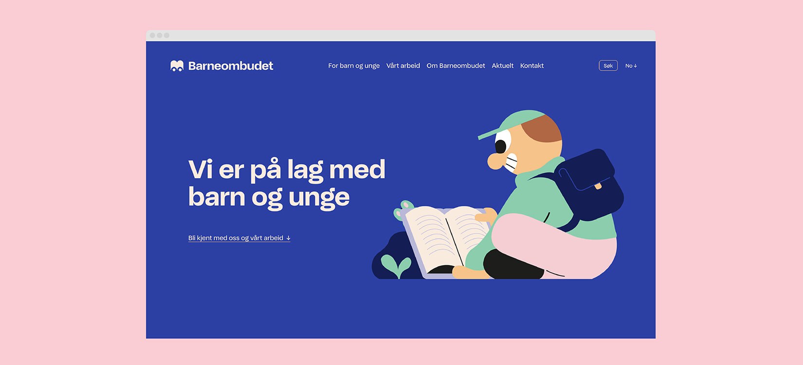 illustrasjon av barneombudets nettside. På blå bakgrunn: "vi er på lag med barn og unge" og en illustrasjon av en ung gutt med caps som sitter på bakken og ser i en bok