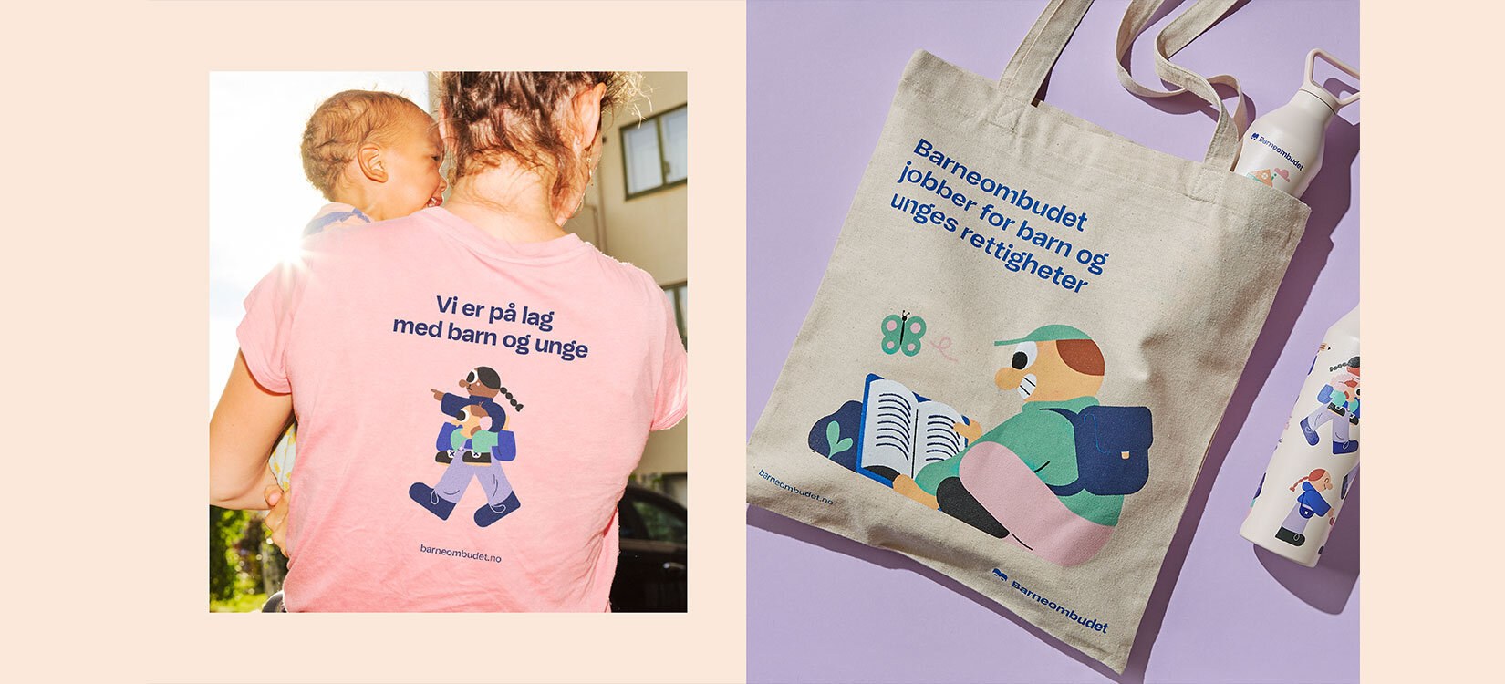 Montasje med to fotografier: En person holder et barn. Vi ser ham bakfra, og på t-skjorten hans står det: "vi er på lag med barn og unge". Det andre bildet er et tøynett.