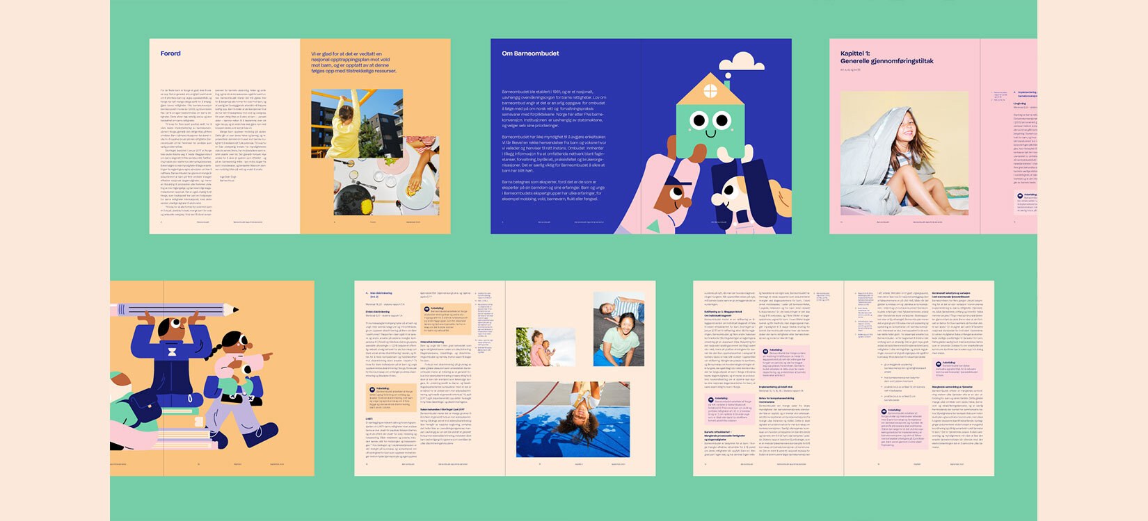 Montasje av sider fra en brosjyre. Sterk fargebruk og lekne, vennlige illustrasjoner er gjennomgående.