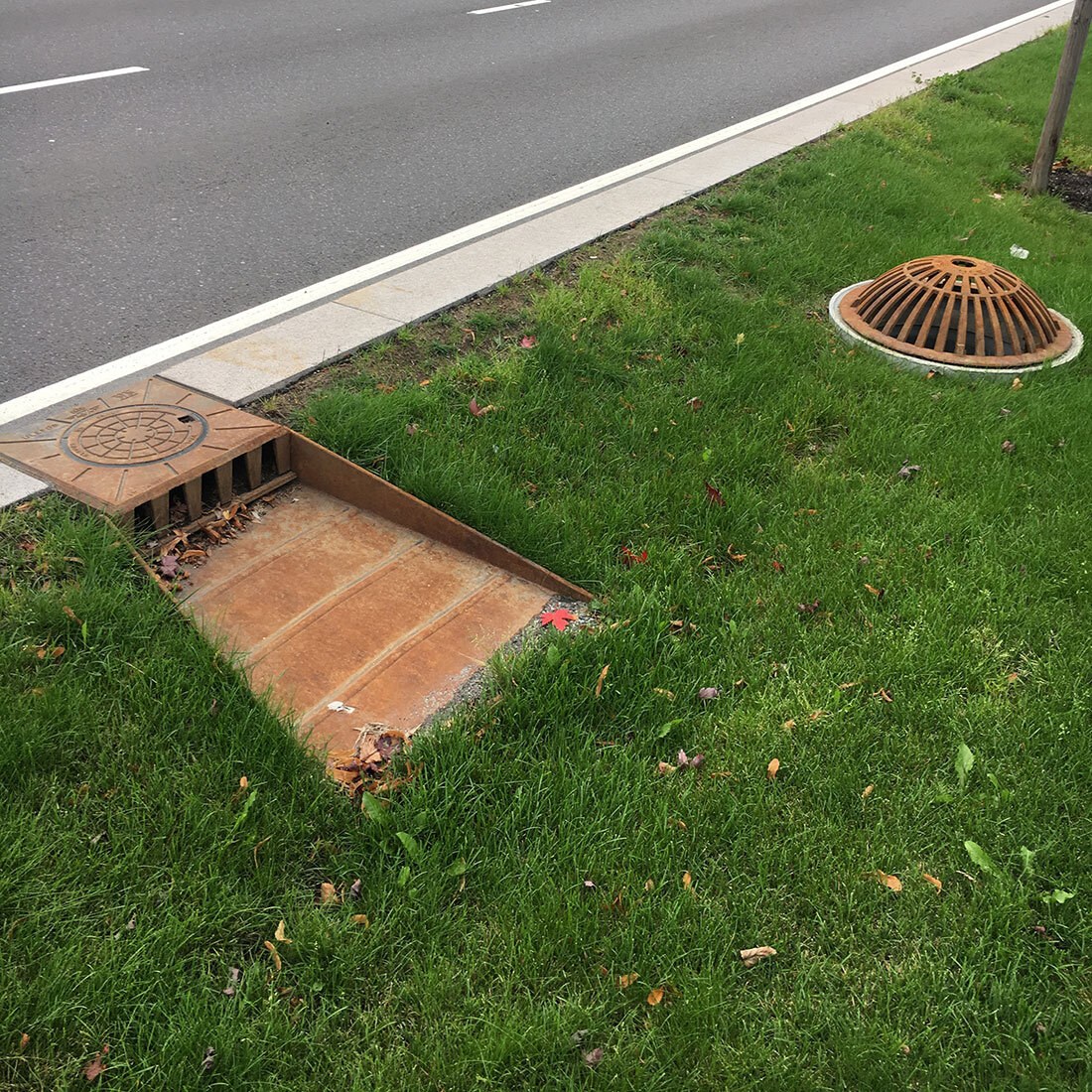 Bildet viser et sluk mellom en bilvei og en gressplen. Sluket har en rist innerst og en plate som er nedfelt i gresset.