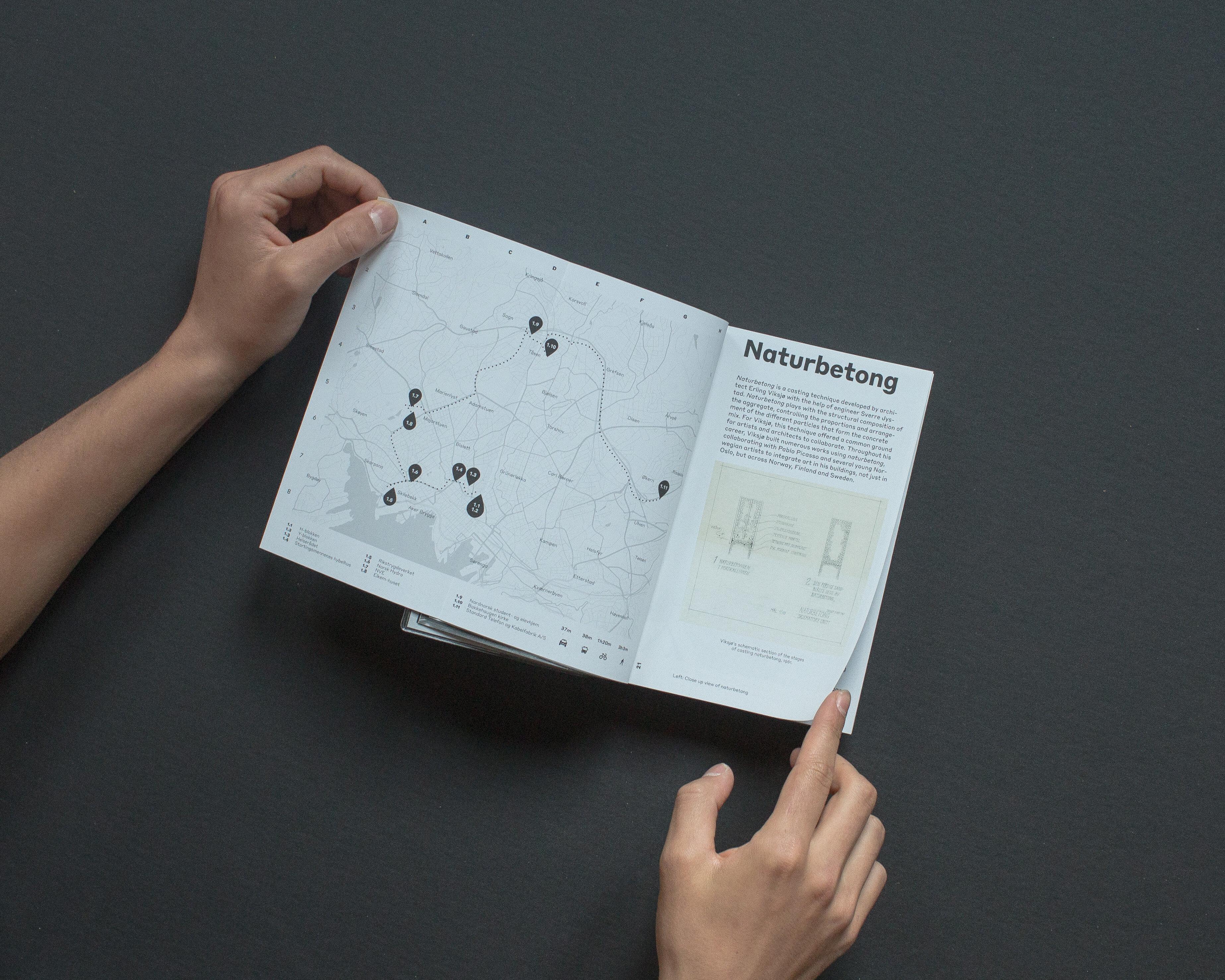 Oppslag fra boken med et kart som viser hvor en finner naturbetong.
