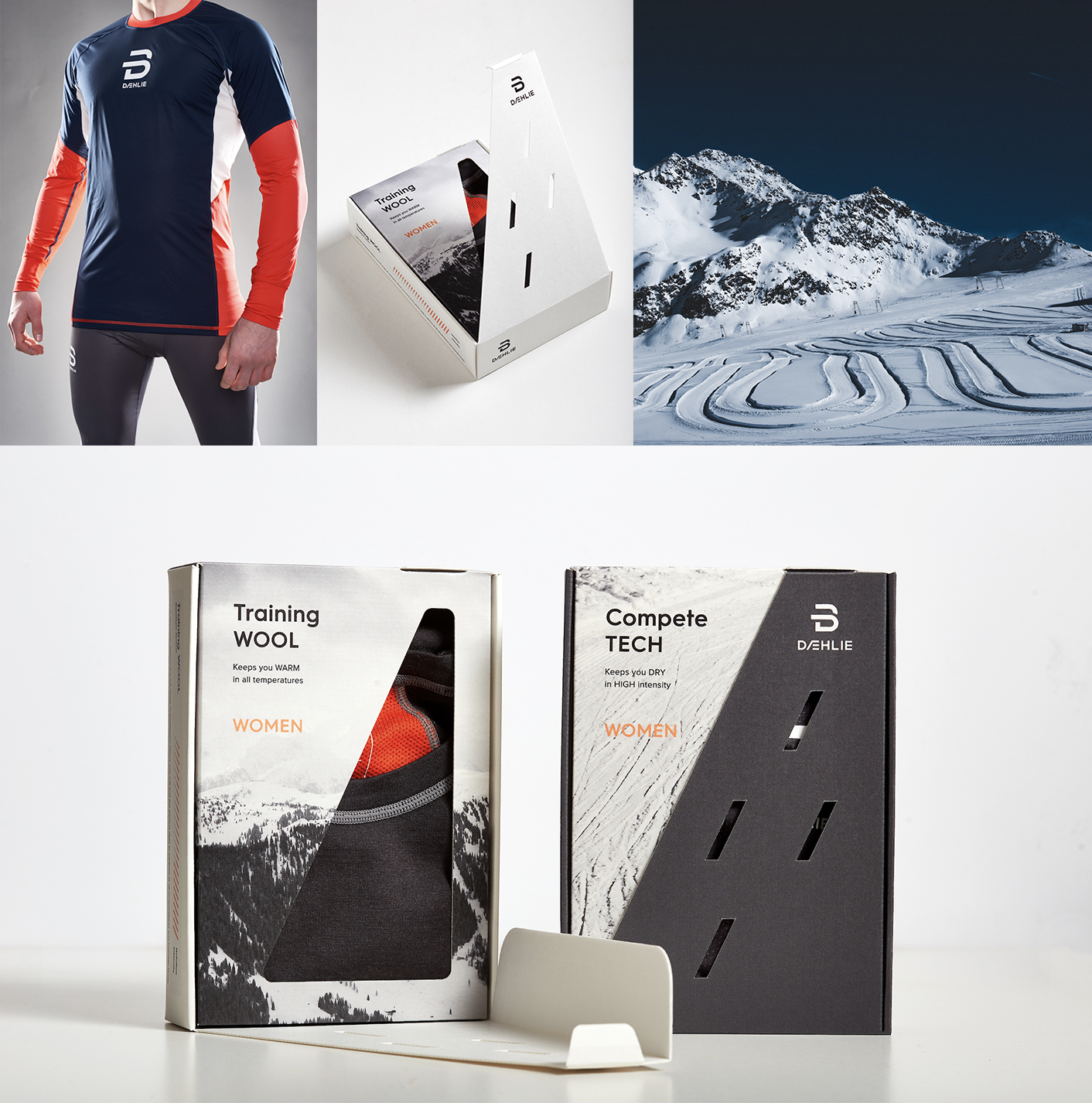 Montasje av bilder som viser den grafiske identiteten tatt ut på sportstøy og forpakning.