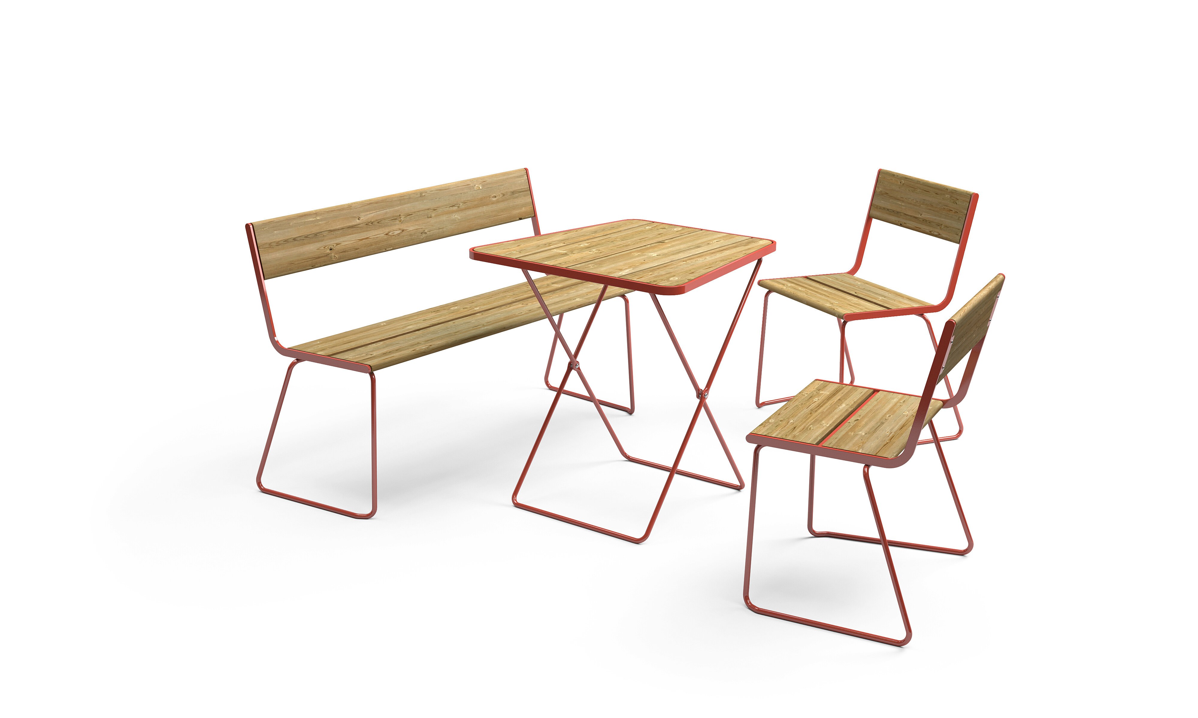 Et lite bord med en benk og to stoler rundt. Møblene har ramme i rødt metall, og plater i solid treverk.