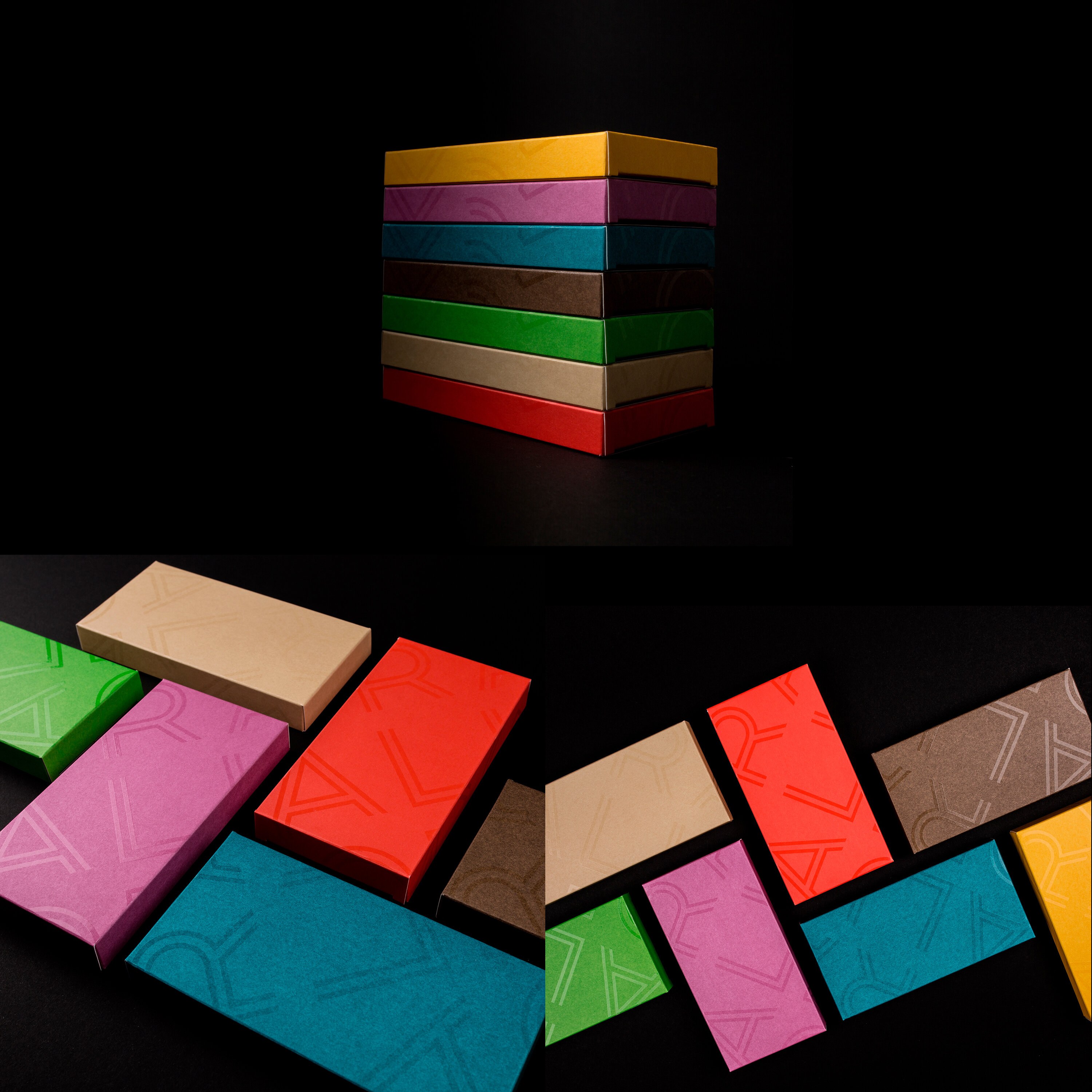 Montasje av pappesker i ulike farger med folierte bokstaver som speiler Craig Alibones logo.