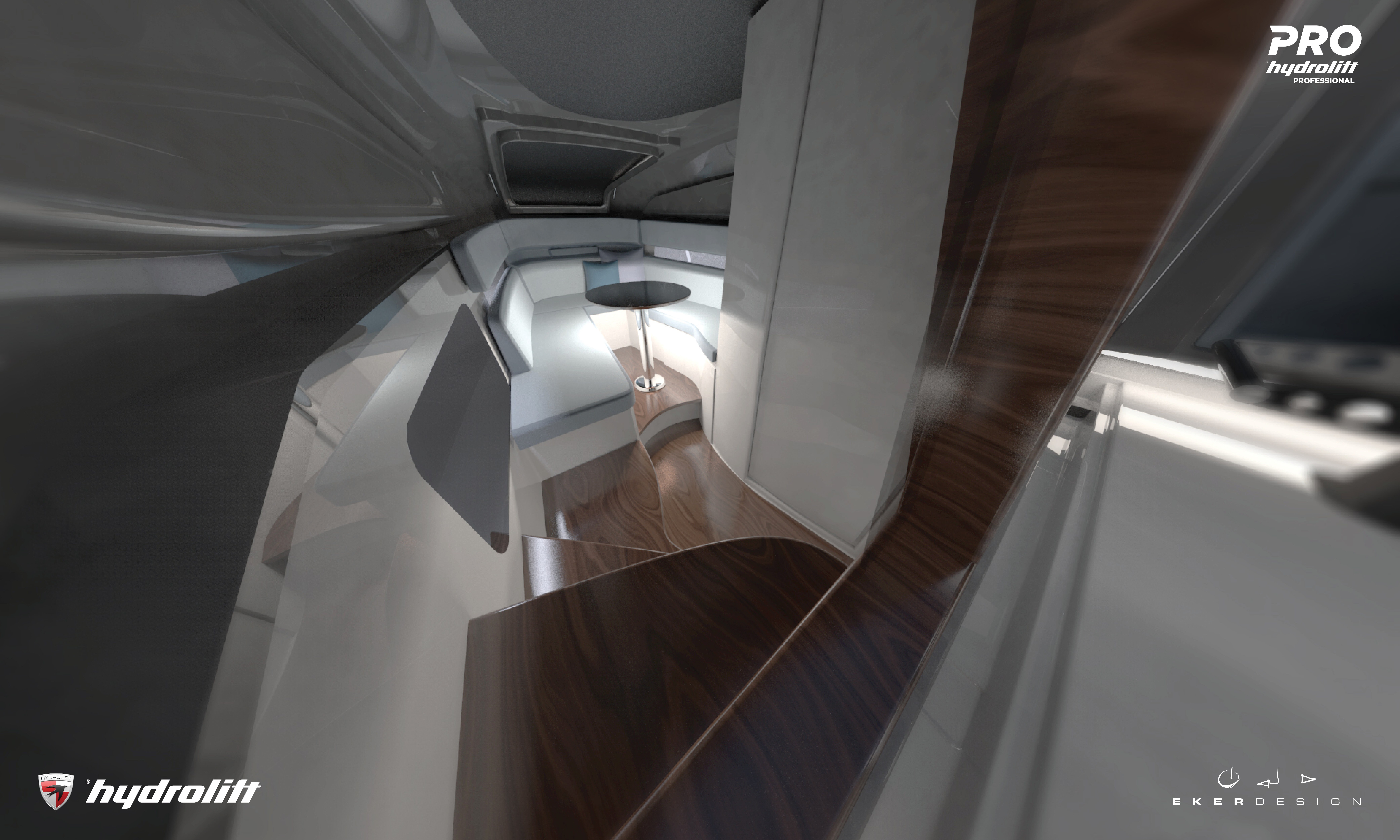 Illustrasjon av båtens interiør i baug/fremre del.