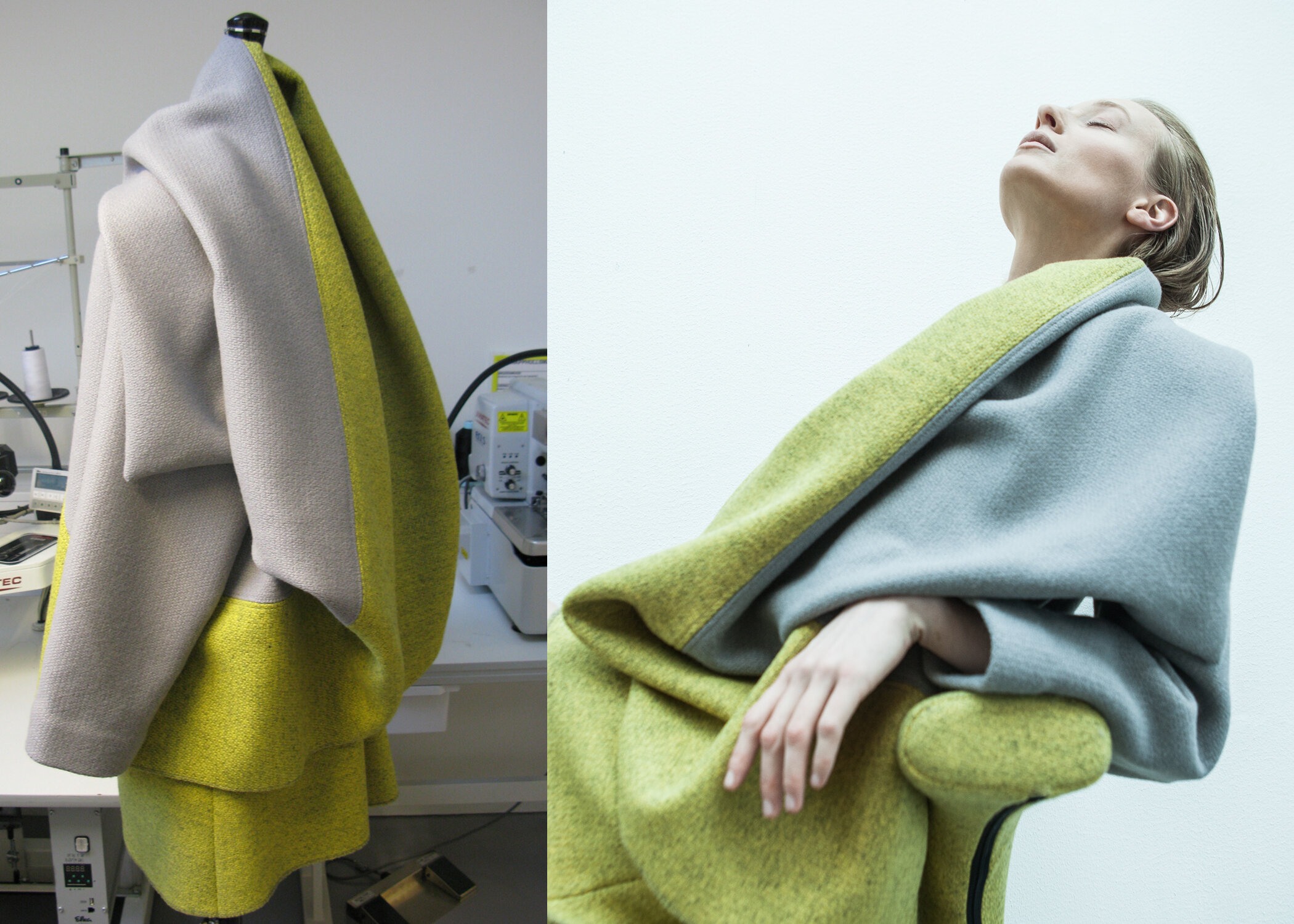 To bilder viser et skreddersydd plagg i ull på henholdsvis en skredderbyste og en modell fotografert i studio.