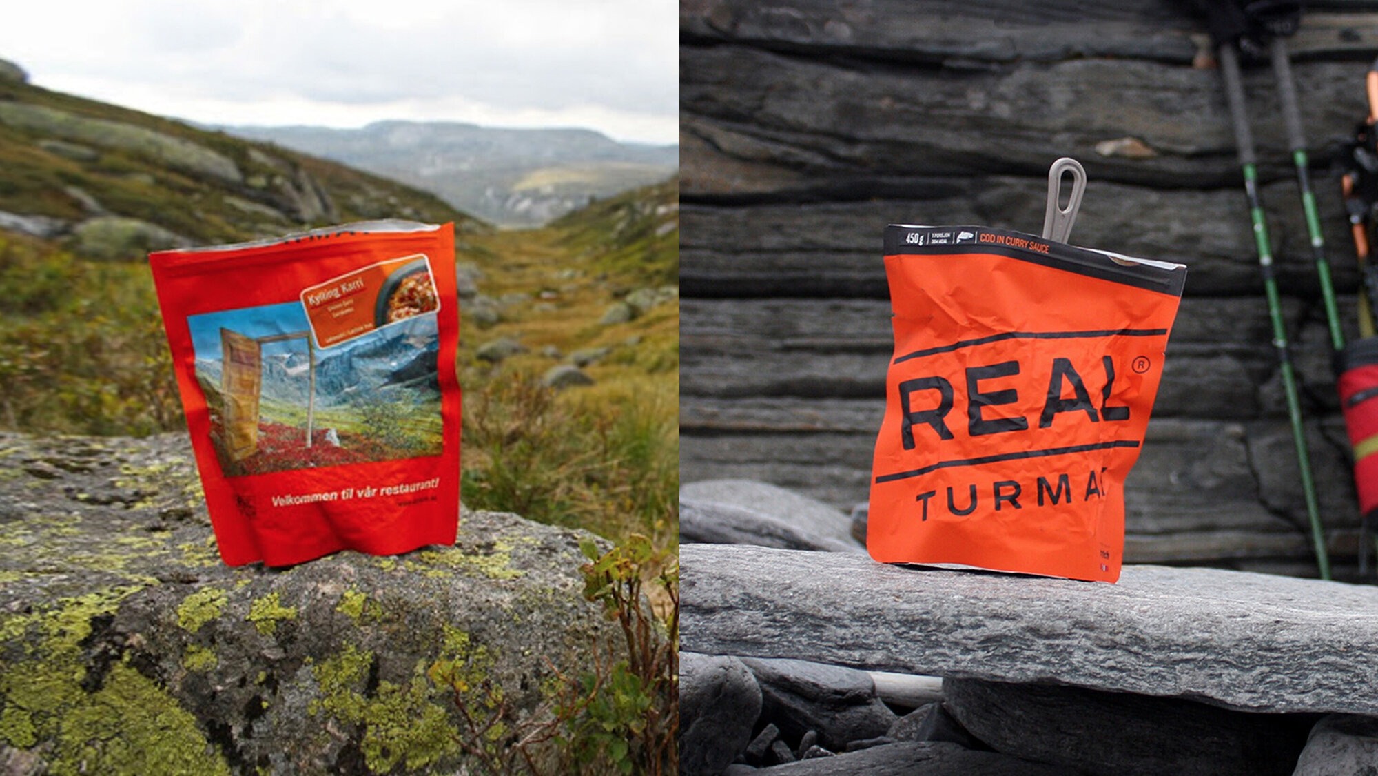 Montasje av to bilder: to pakker real turmat ute i naturen. Emballasjen er endret fra at et bilde av norsk natur pryder forsiden, til at Real turmats logomerke er det mest fremtredende.