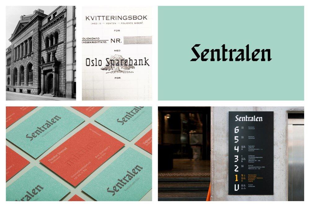 Montasje av fire bilder viser sentralens logo, og historisk referanse i Oslo sparebanks gamle logo. Samt foto av skilting hvor logotypen (skriftsnitt) er integrert.