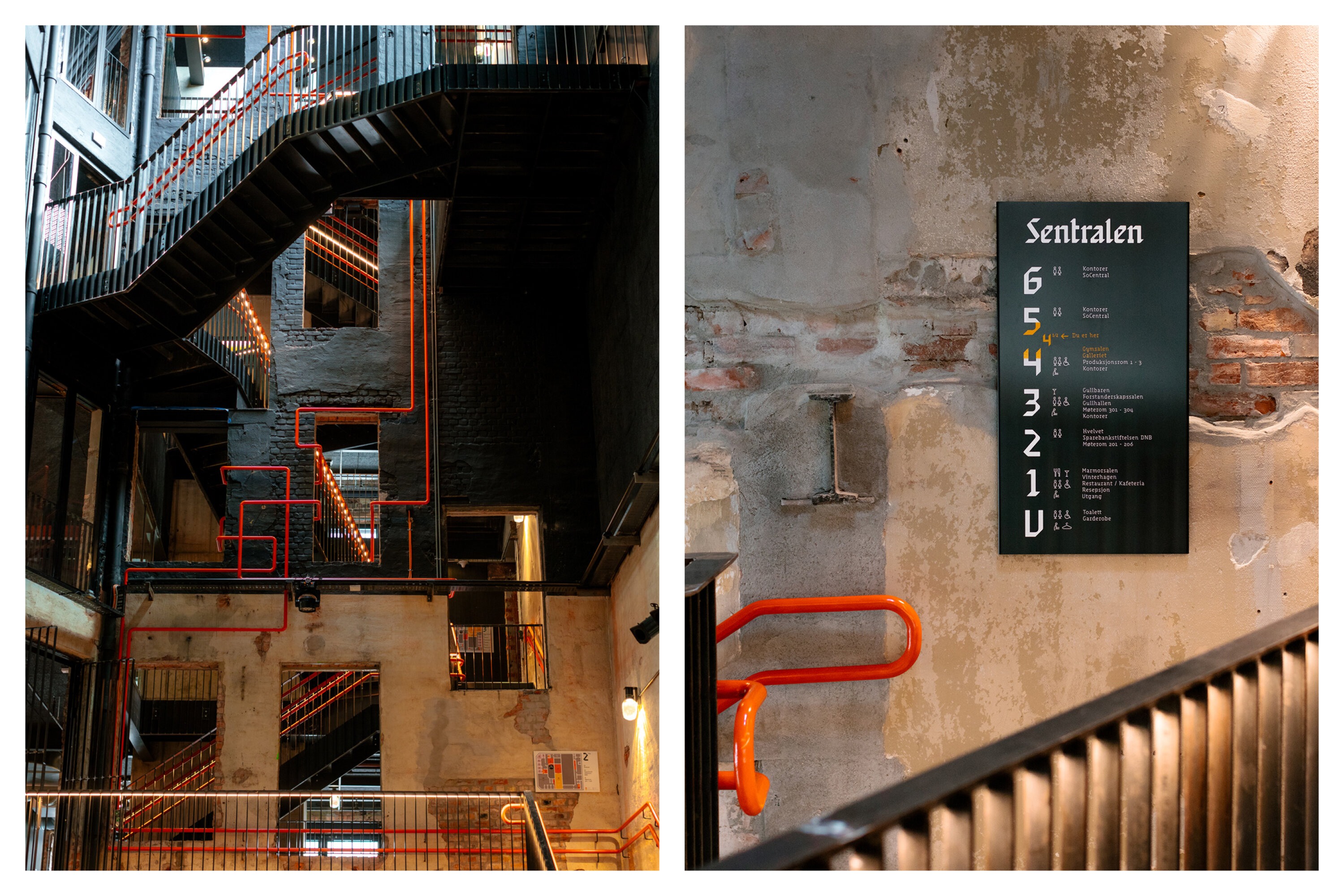 To bilder viser etasjeskilting og hvordan oransjelakkerte håndløpere er et gjennomgående element oppover i etasjene, sett fra foajé.