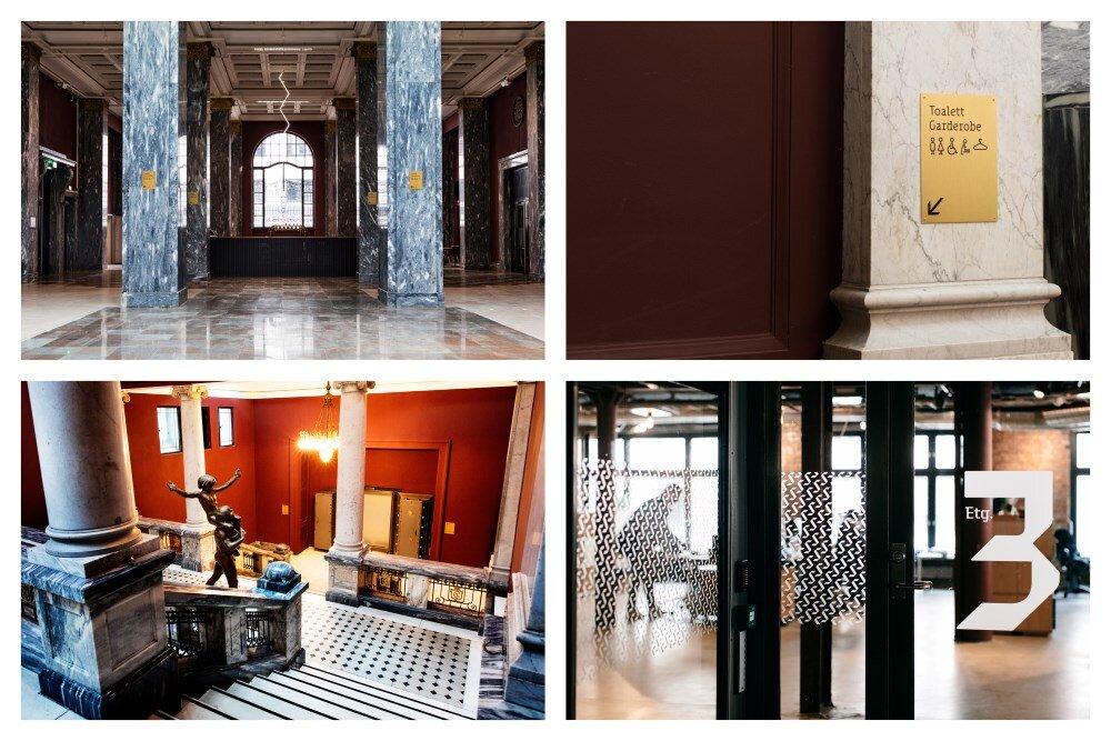 Montasje av fire bilder som viser interiør og skilting på Sentralen.