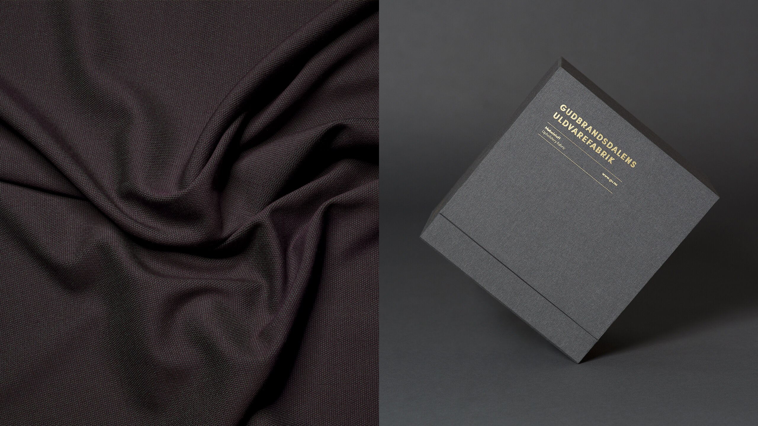 Montasje av to bilder: et sort tøystykke som er krøllet i en organisk form, og en sort pappemballasje med gullpåskrift.