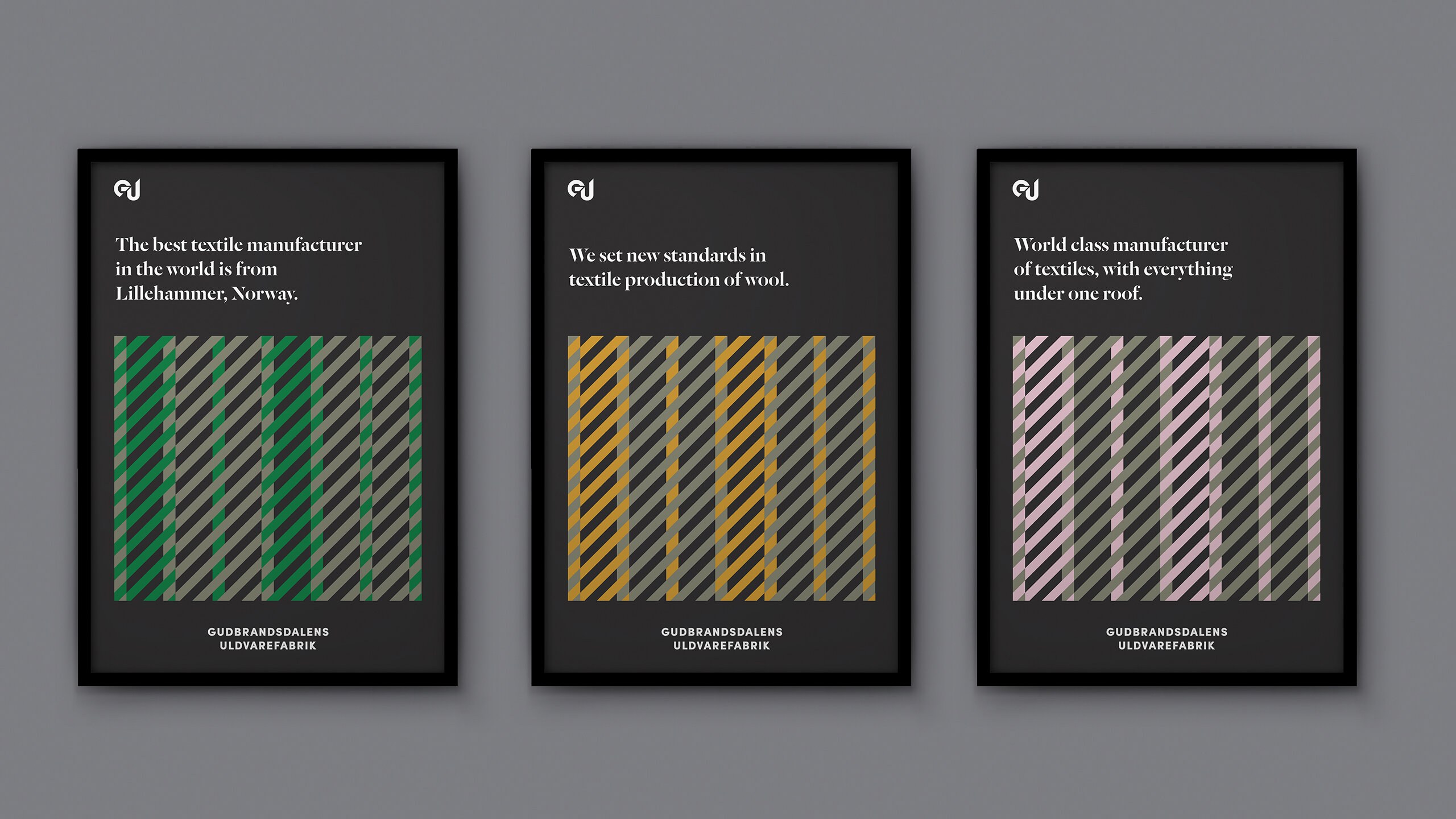 Visuell identitet tatt ut i en serie av tre plakater som referer vevemønster.
