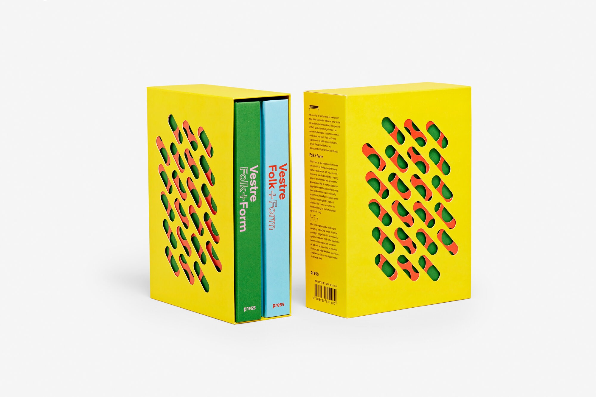 To sett a to bøker i en gul perforert slipcase.