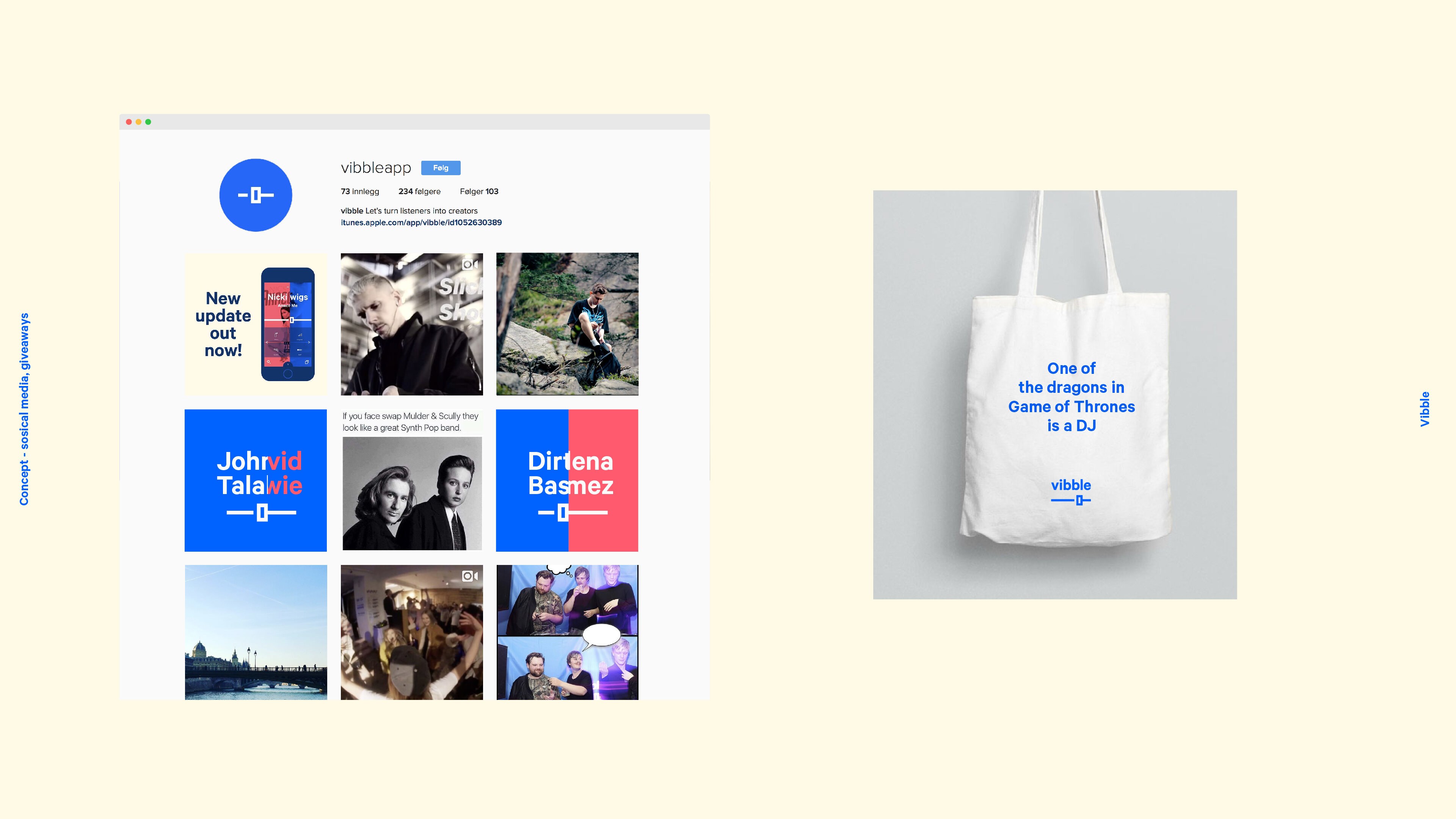Montasje som viser uttak av identitet i instagram-rutenett og på bærenett.