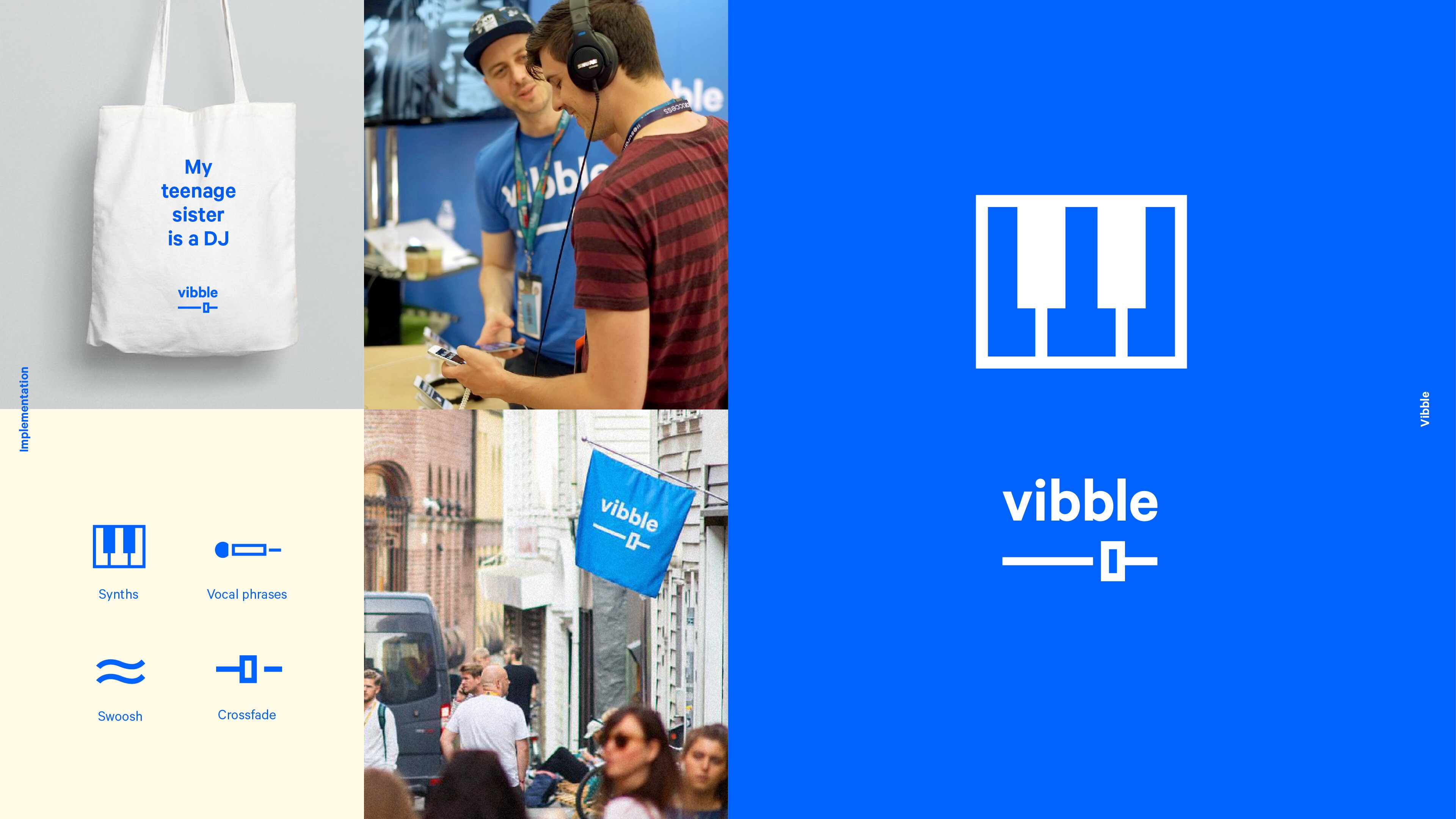 En montasje av bilder som viser uttak av logo og identitet på slikt som bærenett, t-skjorte, flagg og ikonsett.