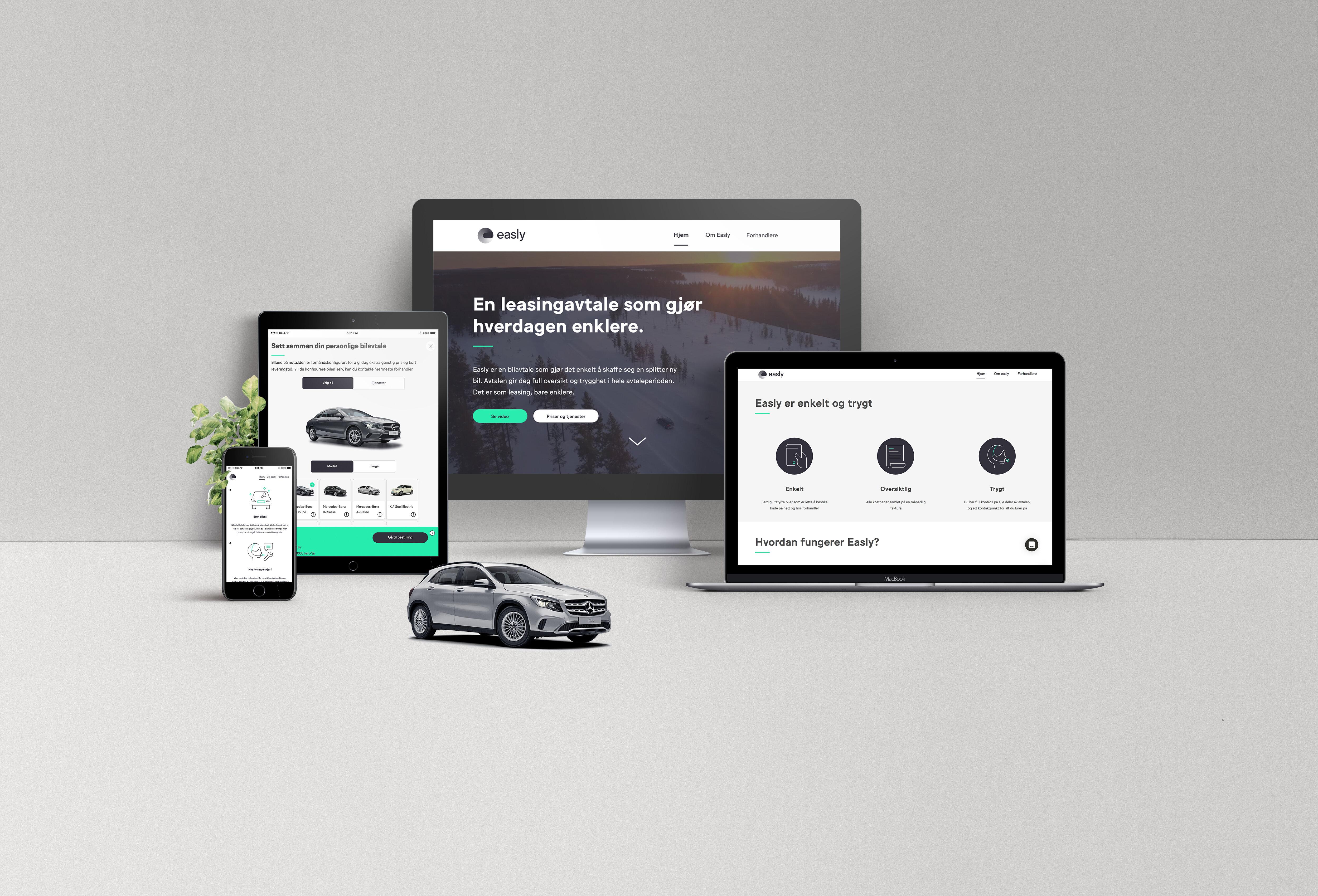 Visualisering av Easly bildelingstjeneste på ulike skjermer: mobil, nettbrett, laptop og desktop.