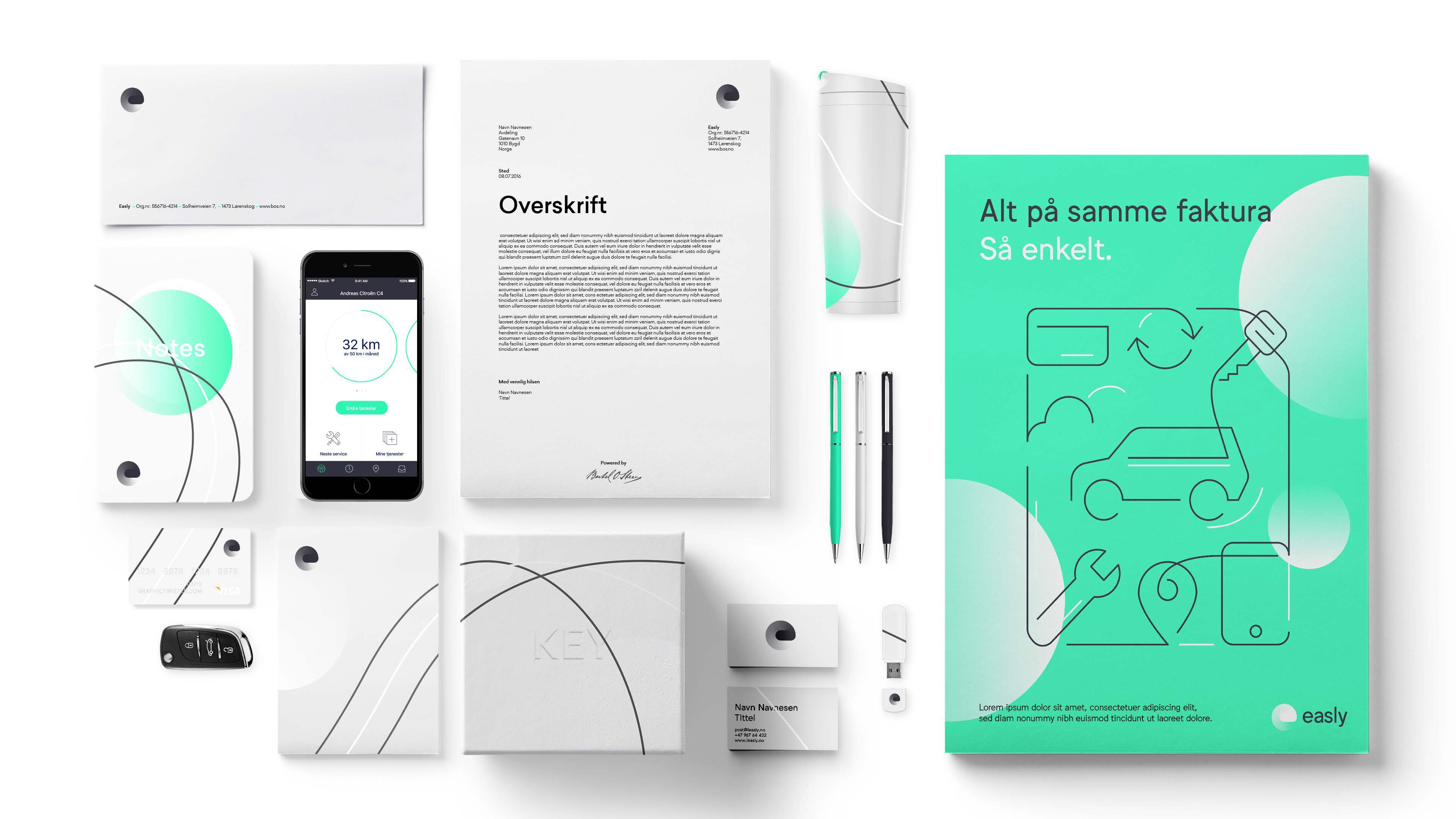 Mock-up på grafisk profil tatt ut på ulike elementer (telefon, penner, brevmaler, kaffekopper osv.)