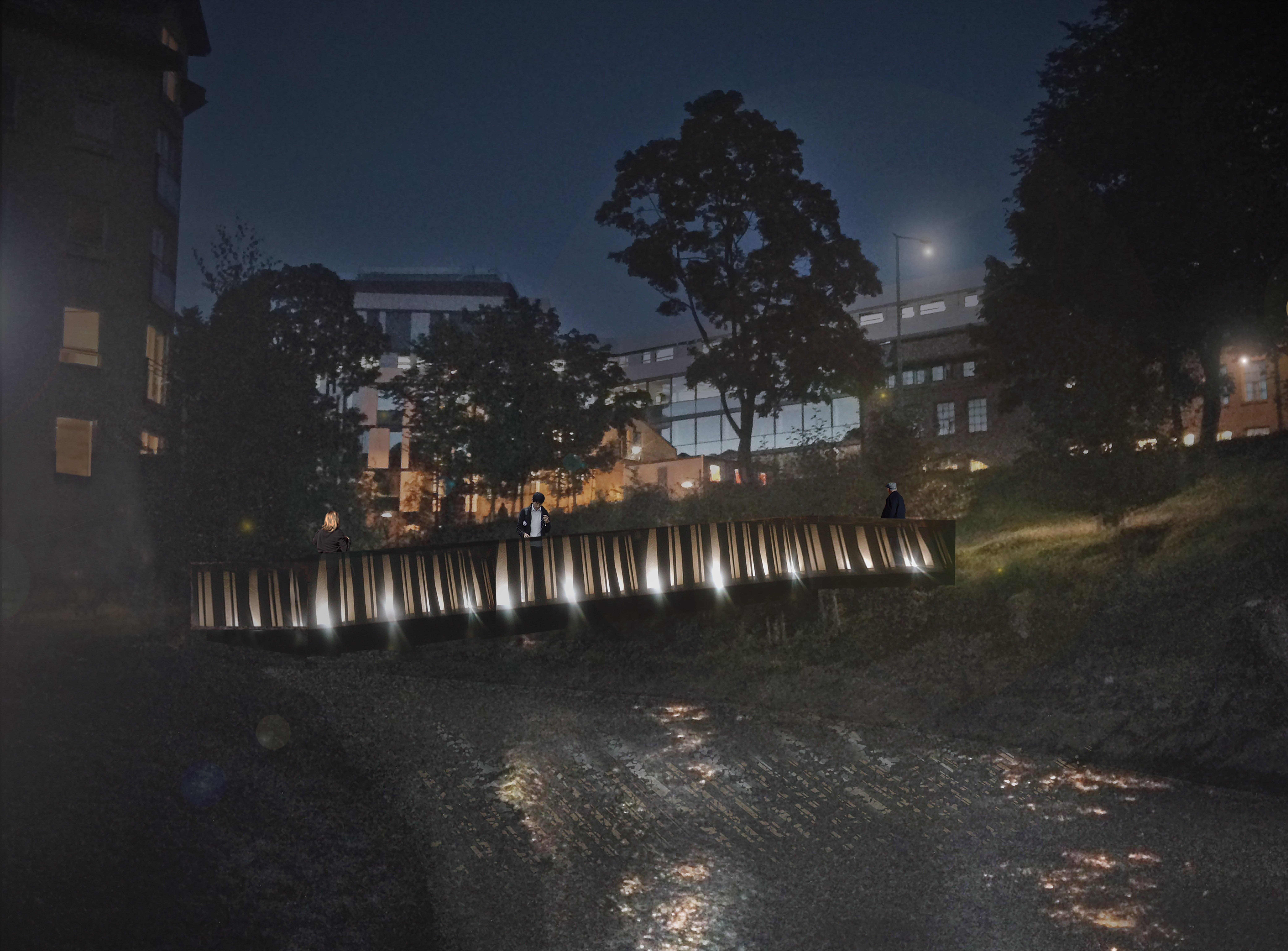 Illustrasjonsbilde av hvordan Elgsletta bro er om kvelden, med lys i rekkverket.