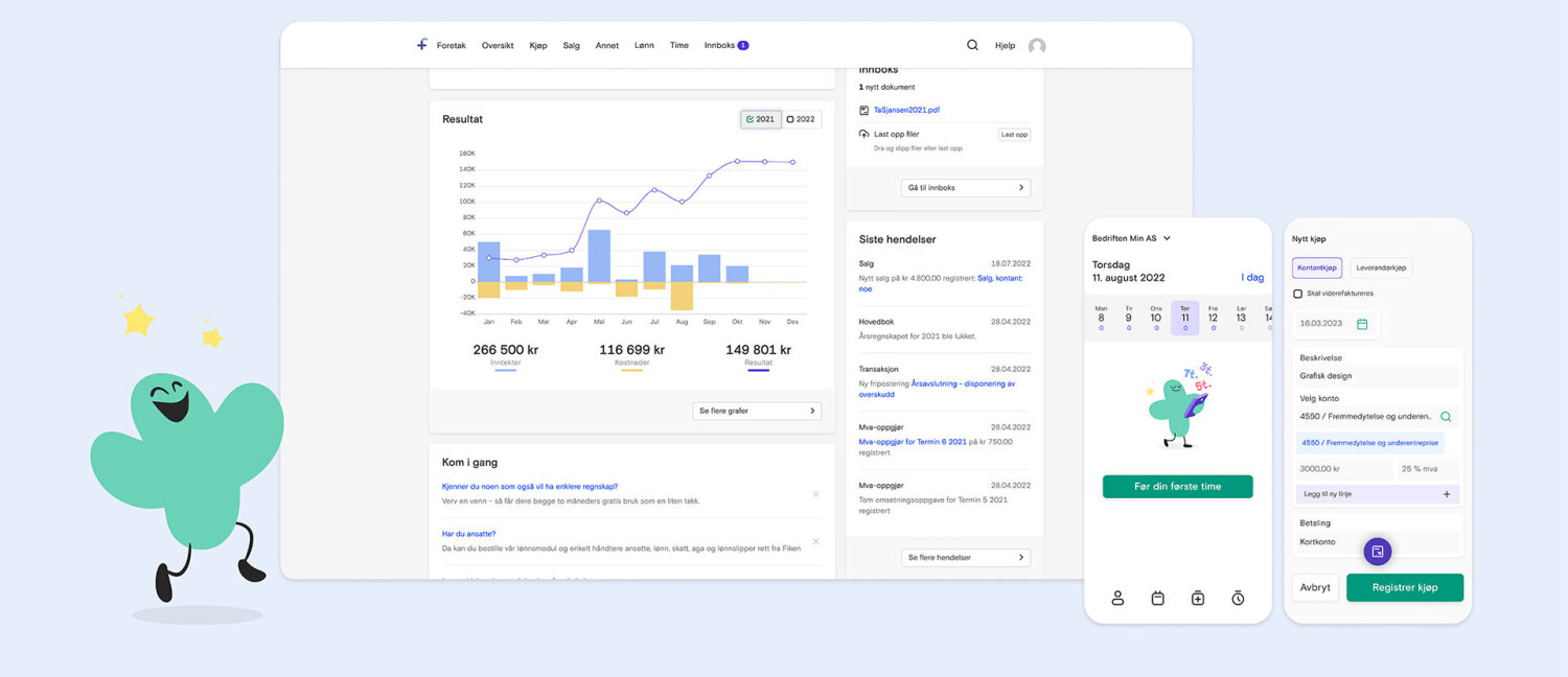 En illustrasjon viser Fikens programvare på tvers av skjermstørrelser. Programvaren er preget av lyse, innbydende farger og en lite grønn maskot som er et smilende plusstegn.
