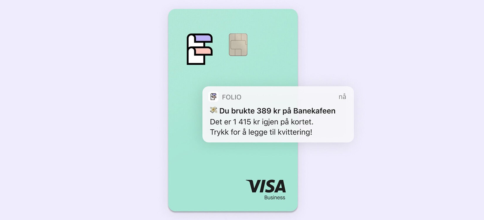En illustrasjon av et bankkort i Folio-drakt, med en mobilvarsling foran: "du brukte 389 kr på banekafeen"