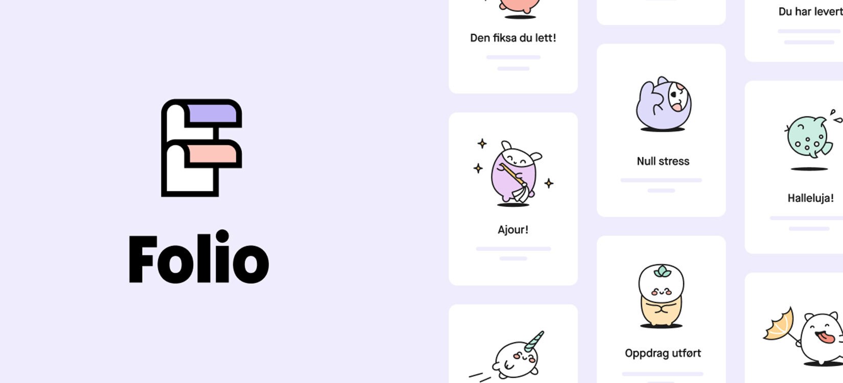 Montasje: Folios logo til venstre – to ark er bøyd i formen av en F. Til høyre en rekke skjermbilder med søte små vesner og tekst som "Ajour!", "Null stress", "Oppdrag utført" mm.